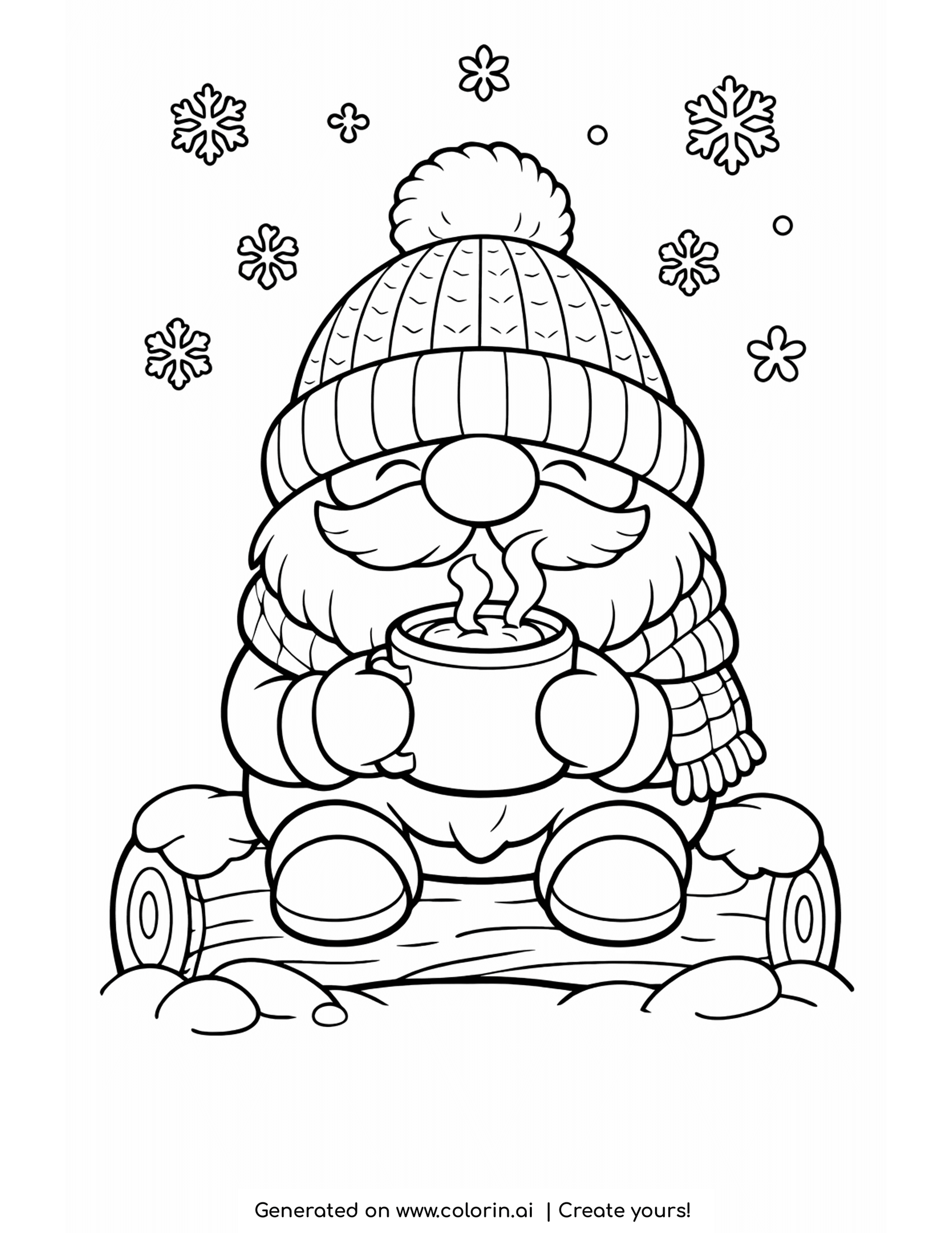 winter gnome coloring pages, a cute gnome in a tall pom-pom hat holding a steaming mug of cocoa on a log
