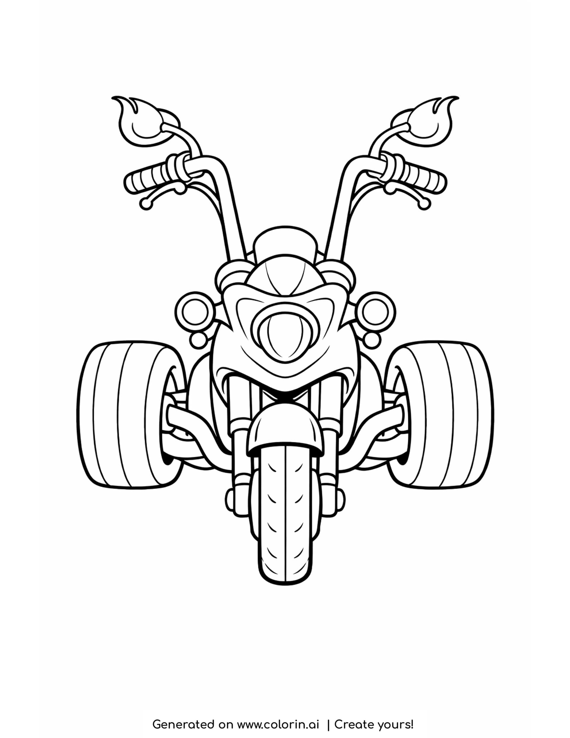 trike motorcycle coloring pages - three wheeled trike seen from the front with two wide rear wheels behind