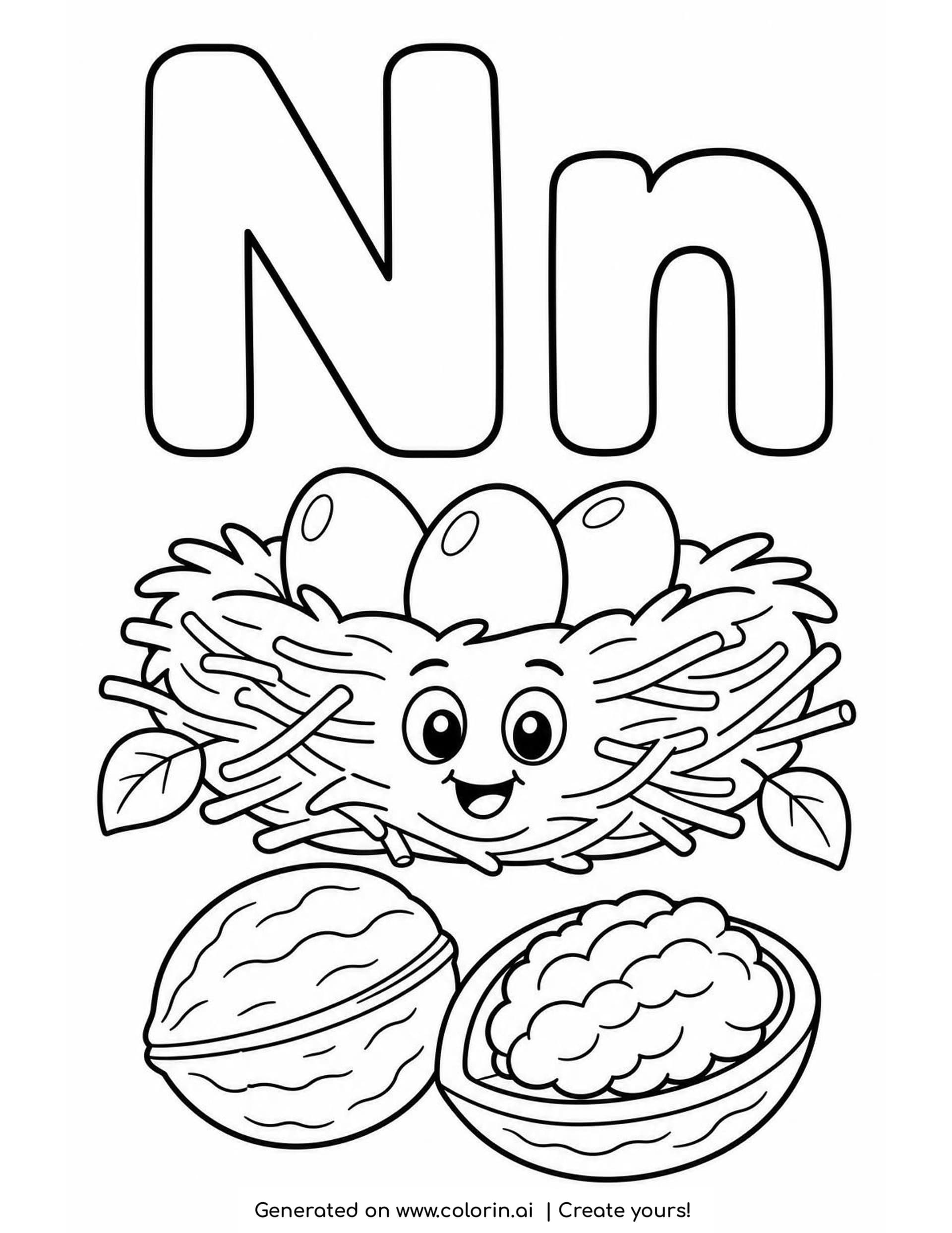 A letter N coloring page with a big hollow N and n above a smiling bird nest holding three eggs, a whole walnut and an open walnut half