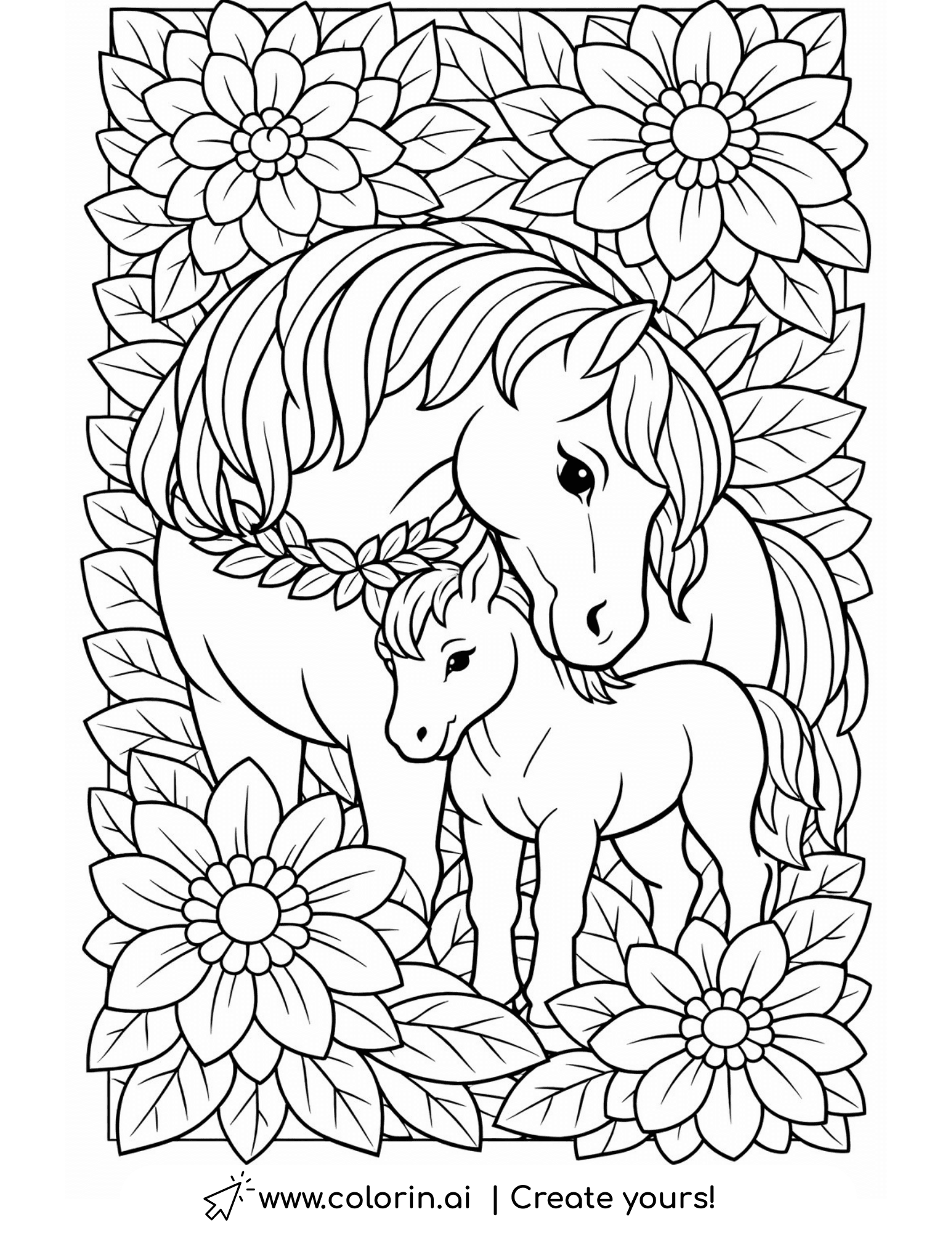 mother horse and foal among flowers coloring page with large floral background
