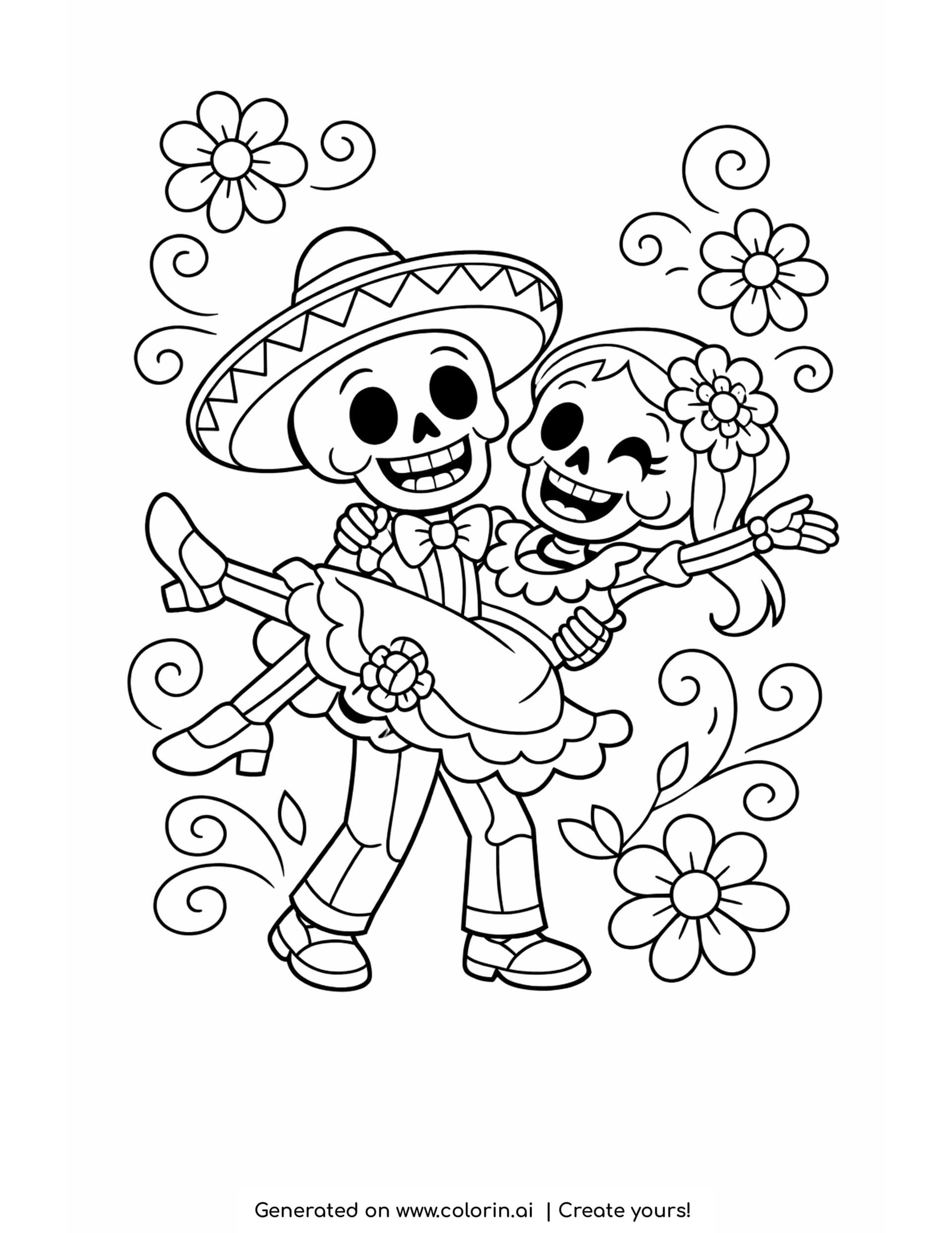 day of the dead coloring pages, skeleton couple dancing with one lifting the other among flowers and swirls
