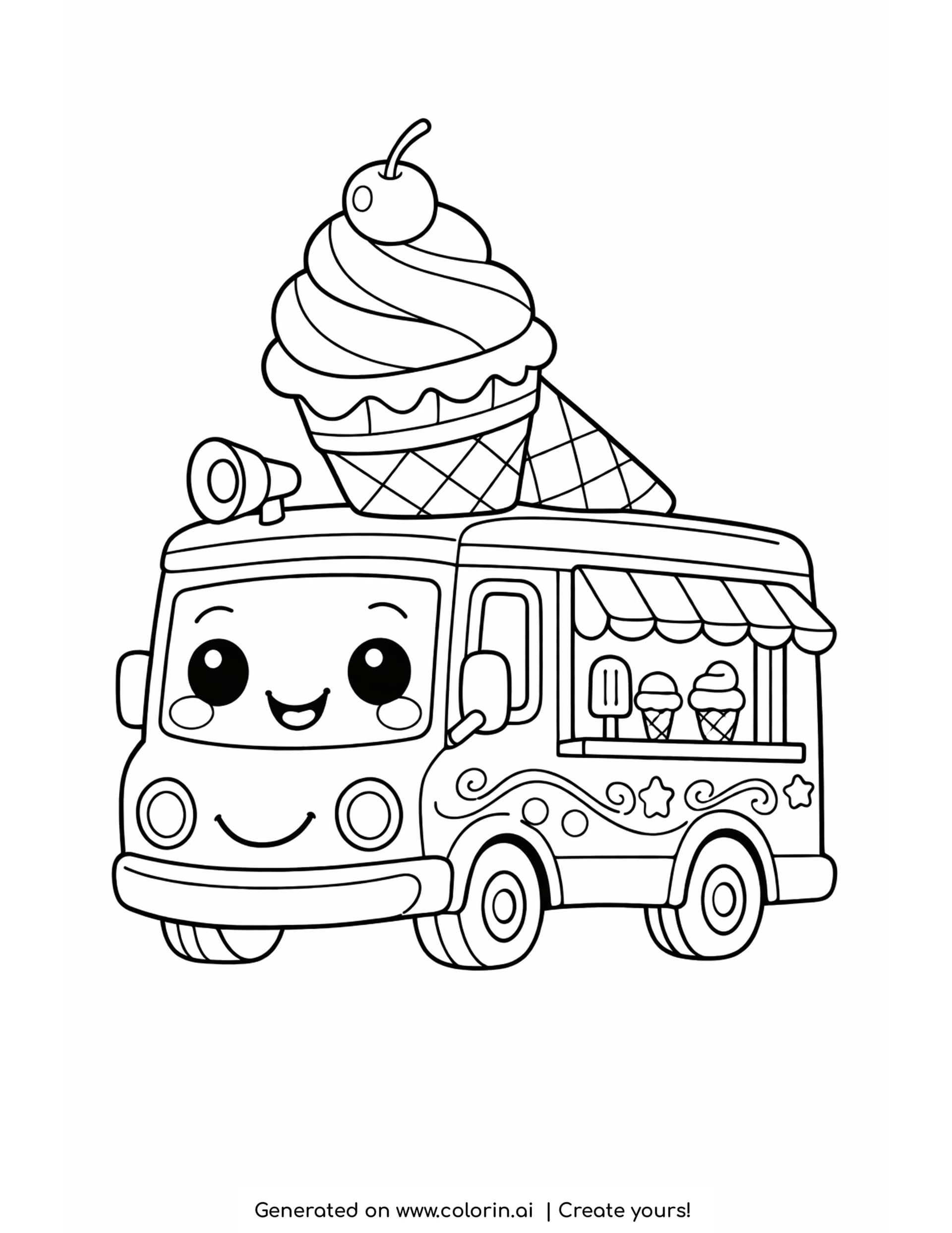 ice cream truck coloring page, a cheerful ice cream van with a striped awning and a giant swirl cone with a cherry on the roof