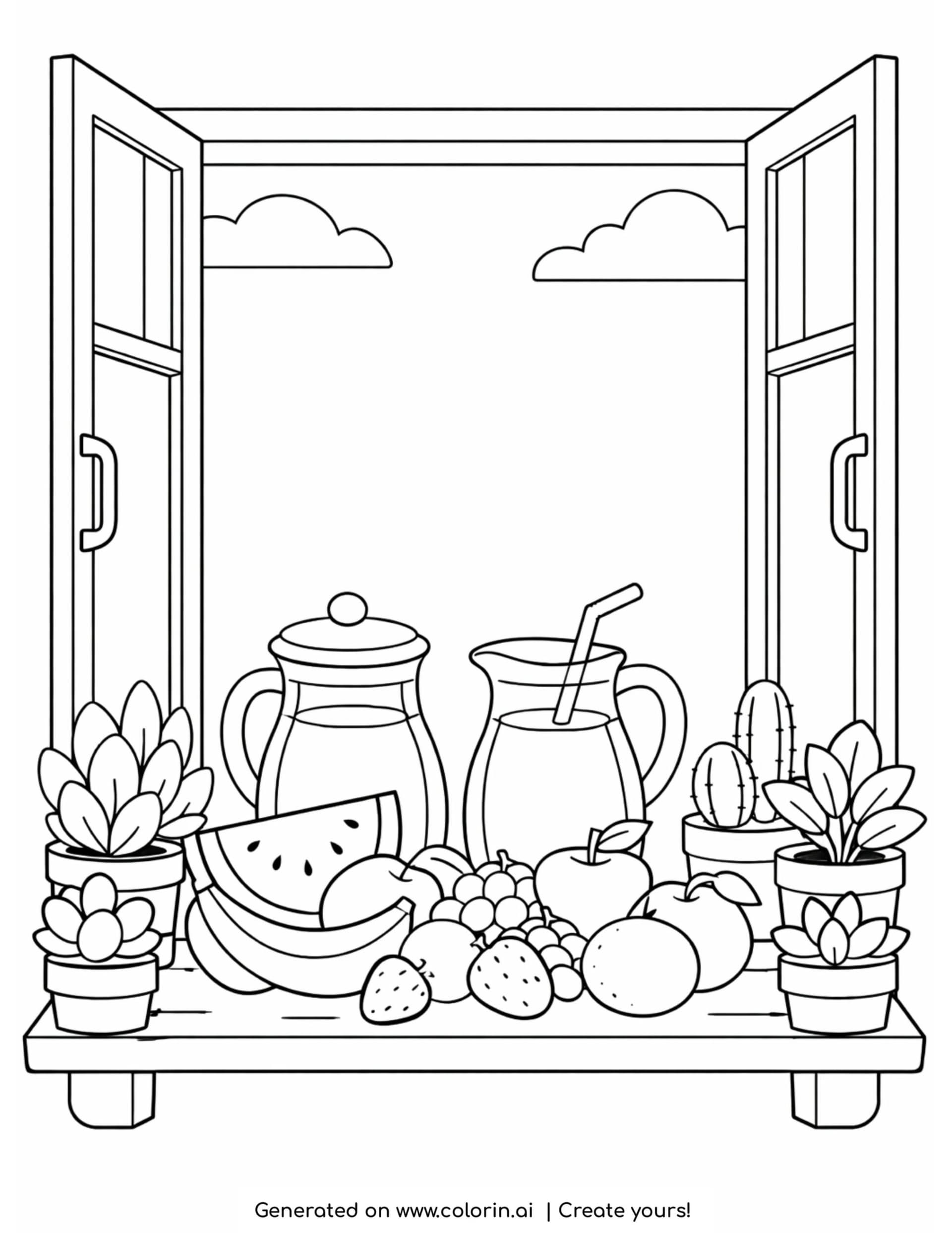 open window with fruit juice jars plants and fresh fruits coloring page