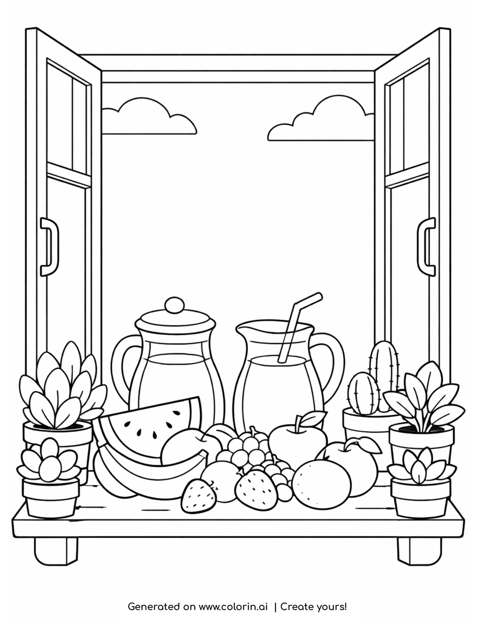 open window with fruit juice jars plants and fresh fruits coloring page