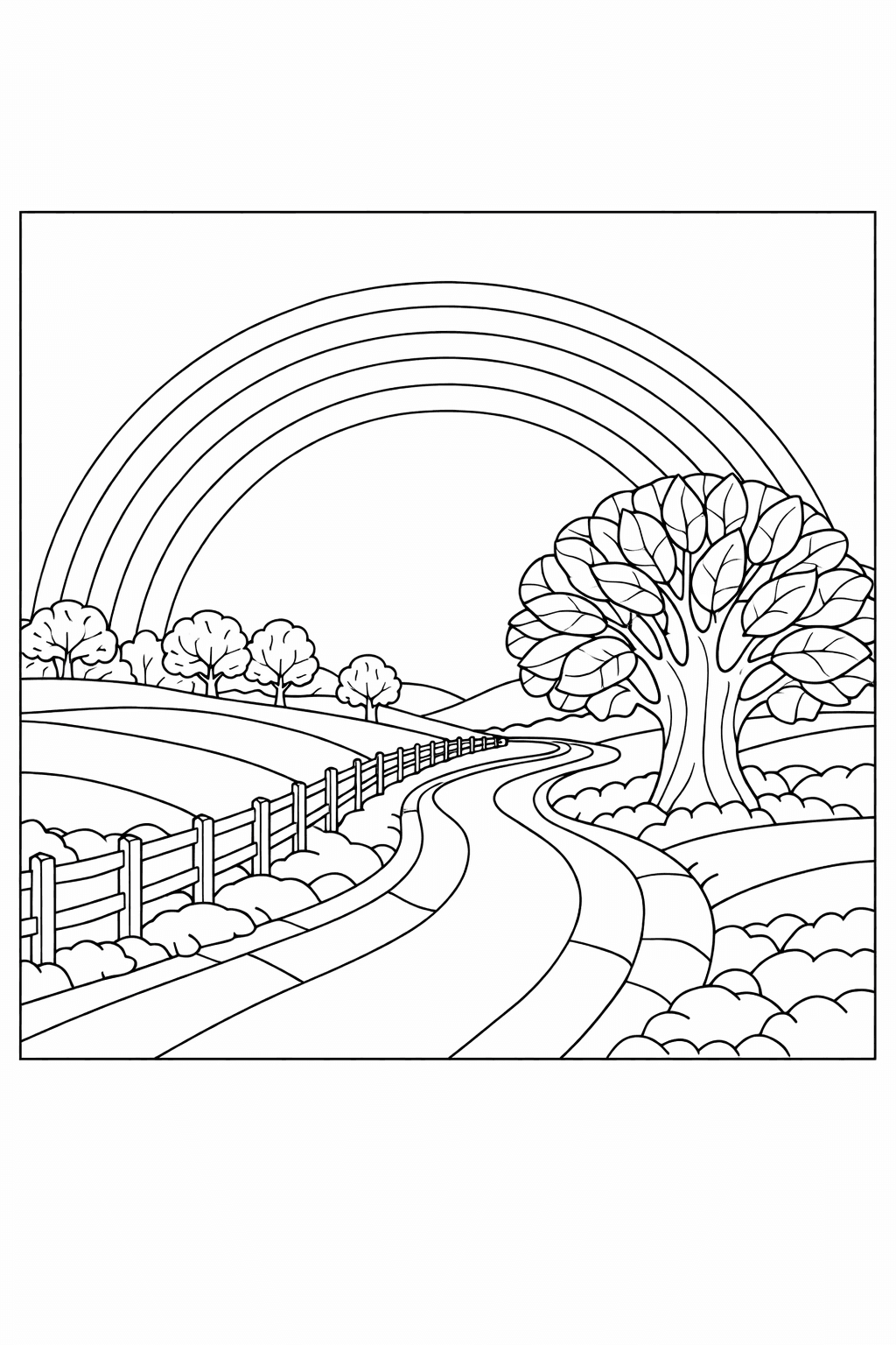 rainbow coloring pages, a rainbow over a detailed winding country road with patchwork fields, a rail fence, and a big leafy tree