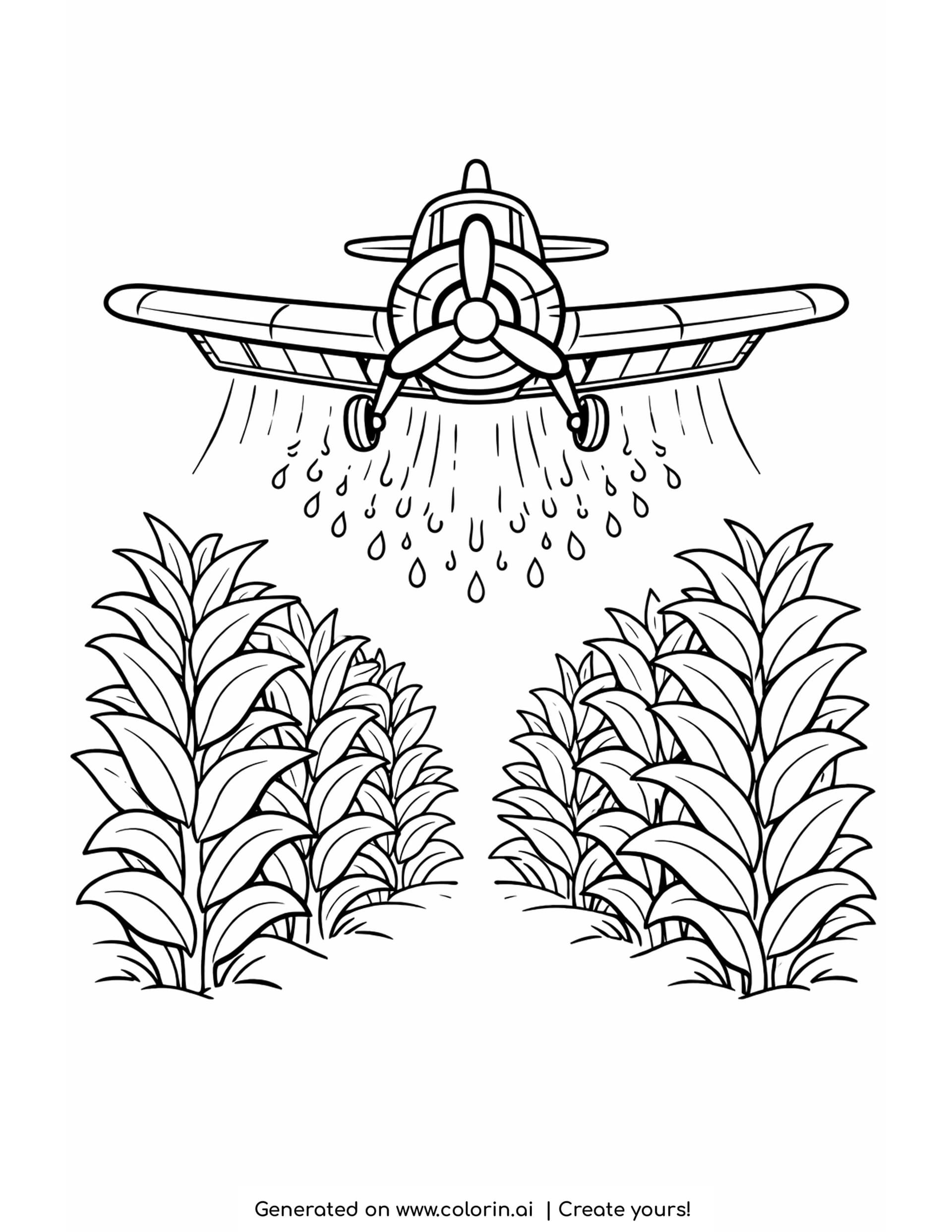 crop duster coloring pages — crop duster plane seen head on spraying over two tall stands of corn