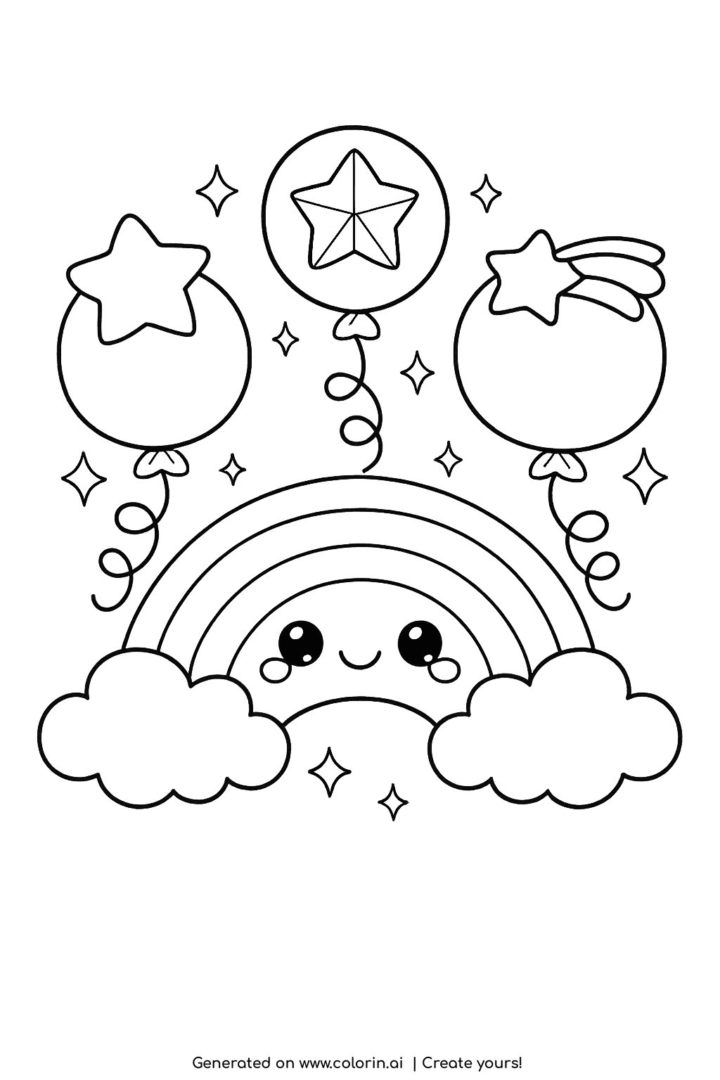 cute rainbow coloring pages, a smiling rainbow floating among several round balloons with curly strings and little sparkles