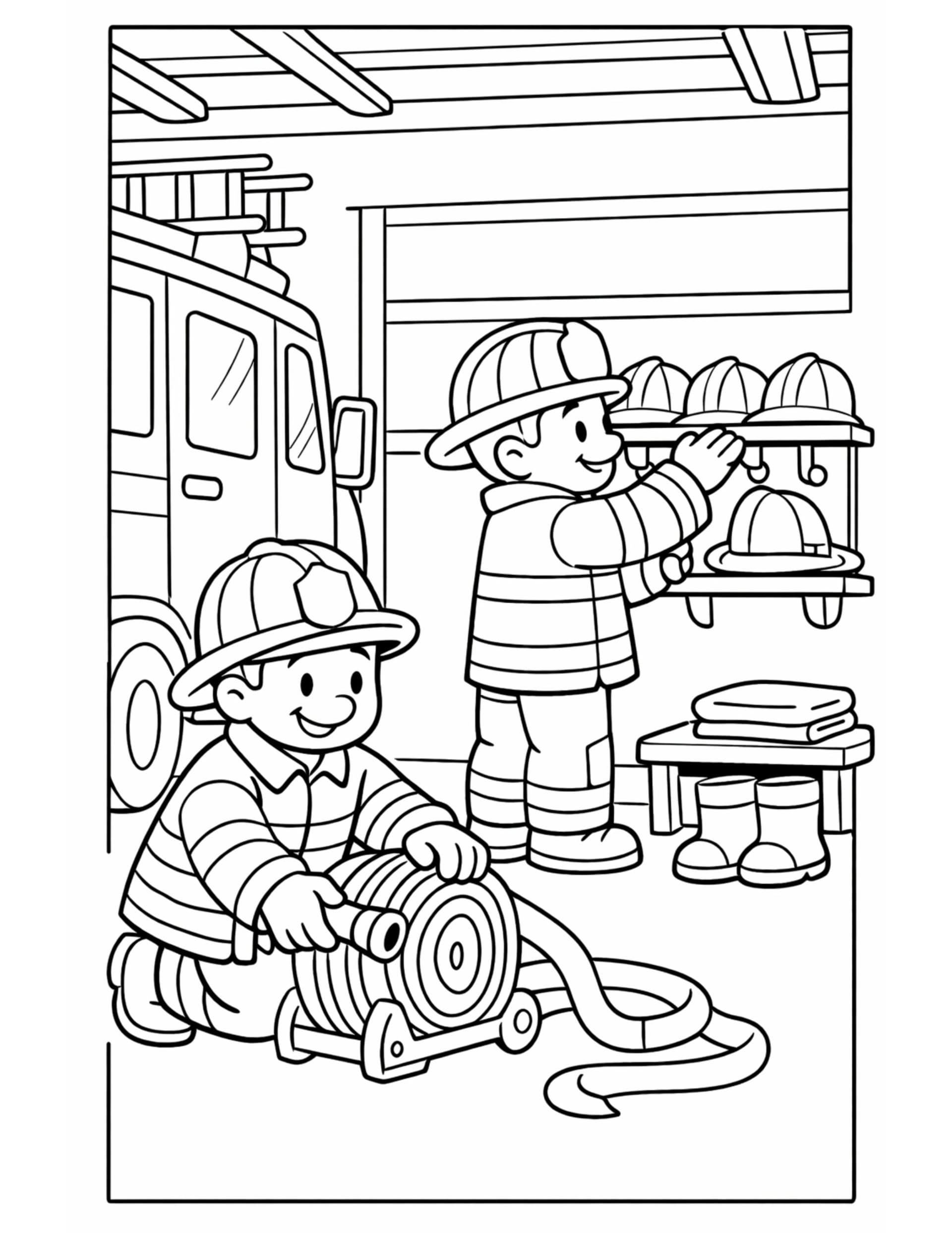 firefighters organizing station gear coloring page with helmet rack, hose reel, and a fire engine in the background
