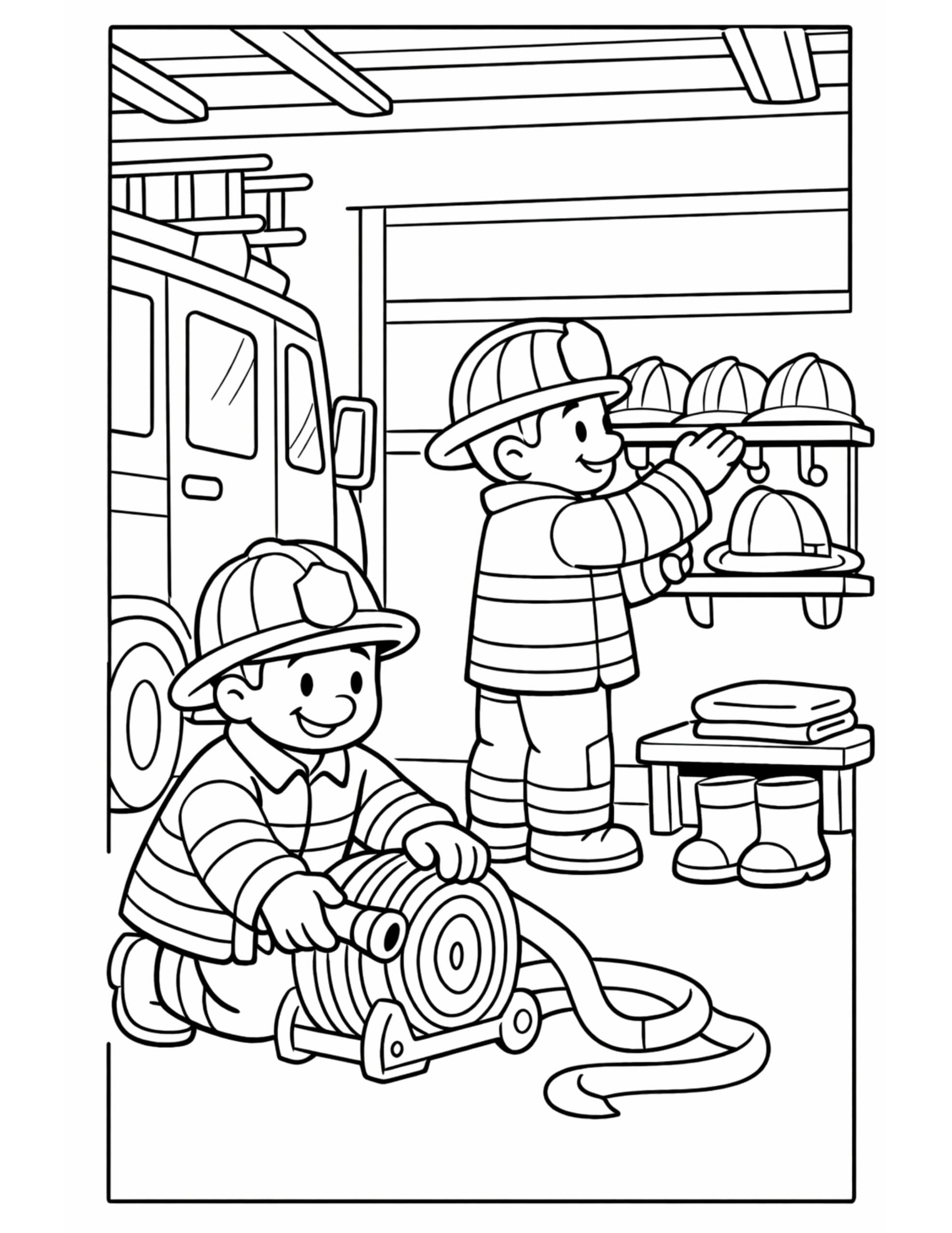 firefighters organizing station gear coloring page with helmet rack, hose reel, and a fire engine in the background