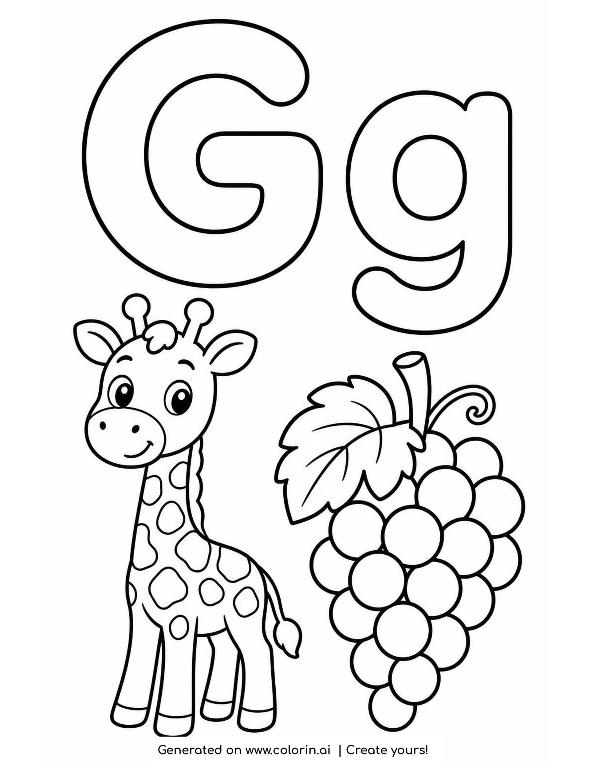 A letter G coloring page with a hollow capital G and lowercase g above a spotted baby giraffe and a bunch of grapes with a leaf and a curly tendril