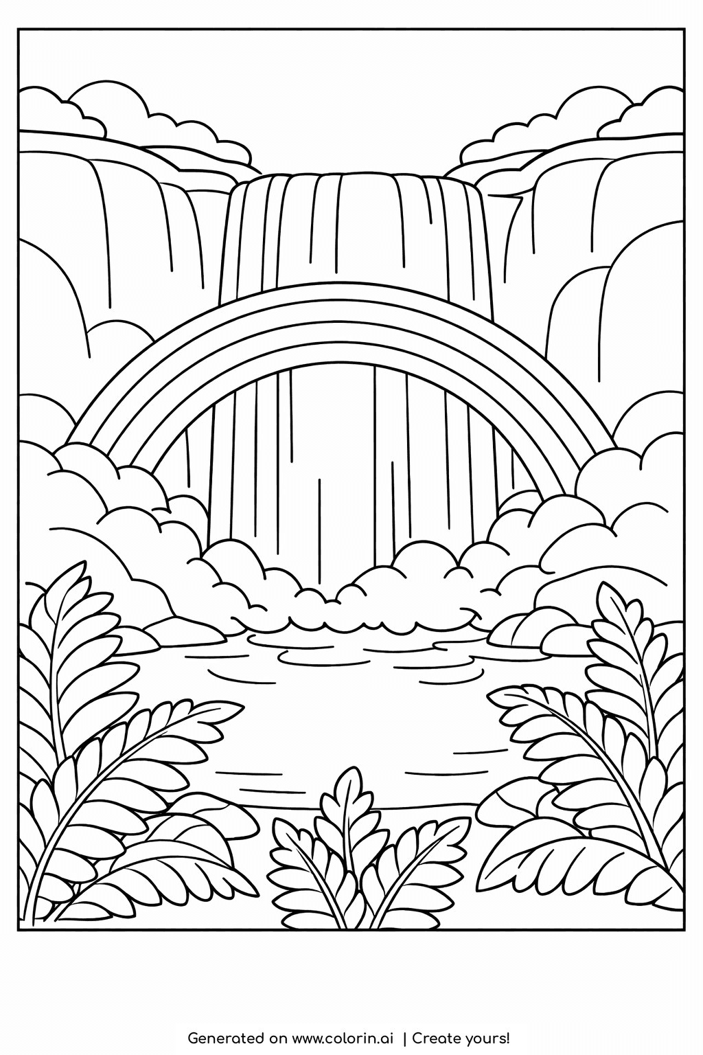 free printable rainbow coloring pages, a tall waterfall spilling into a pool, with a rainbow arching through the rising mist