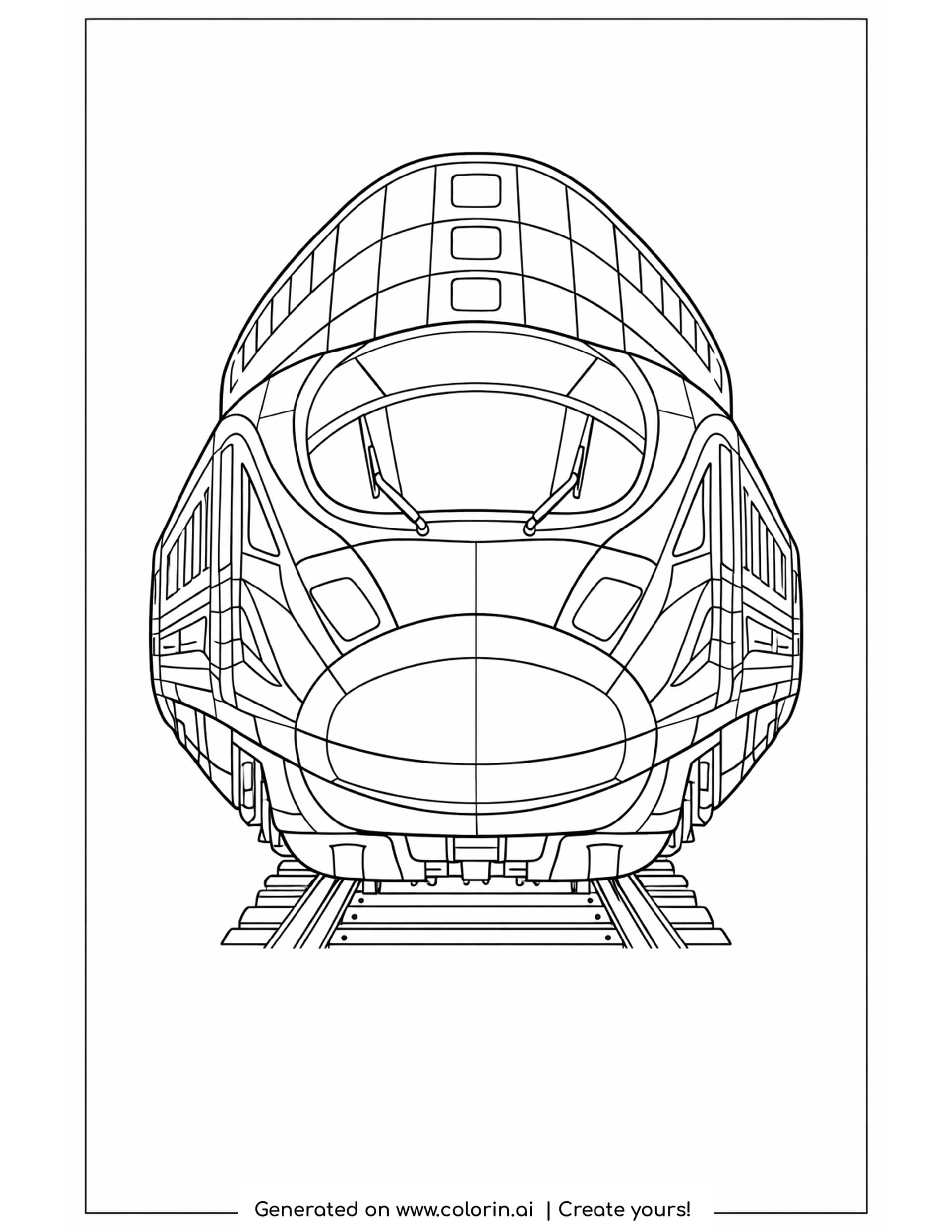detailed bullet train coloring pages: a nose on high speed train with a window grid, oval windshield and swept panel seams