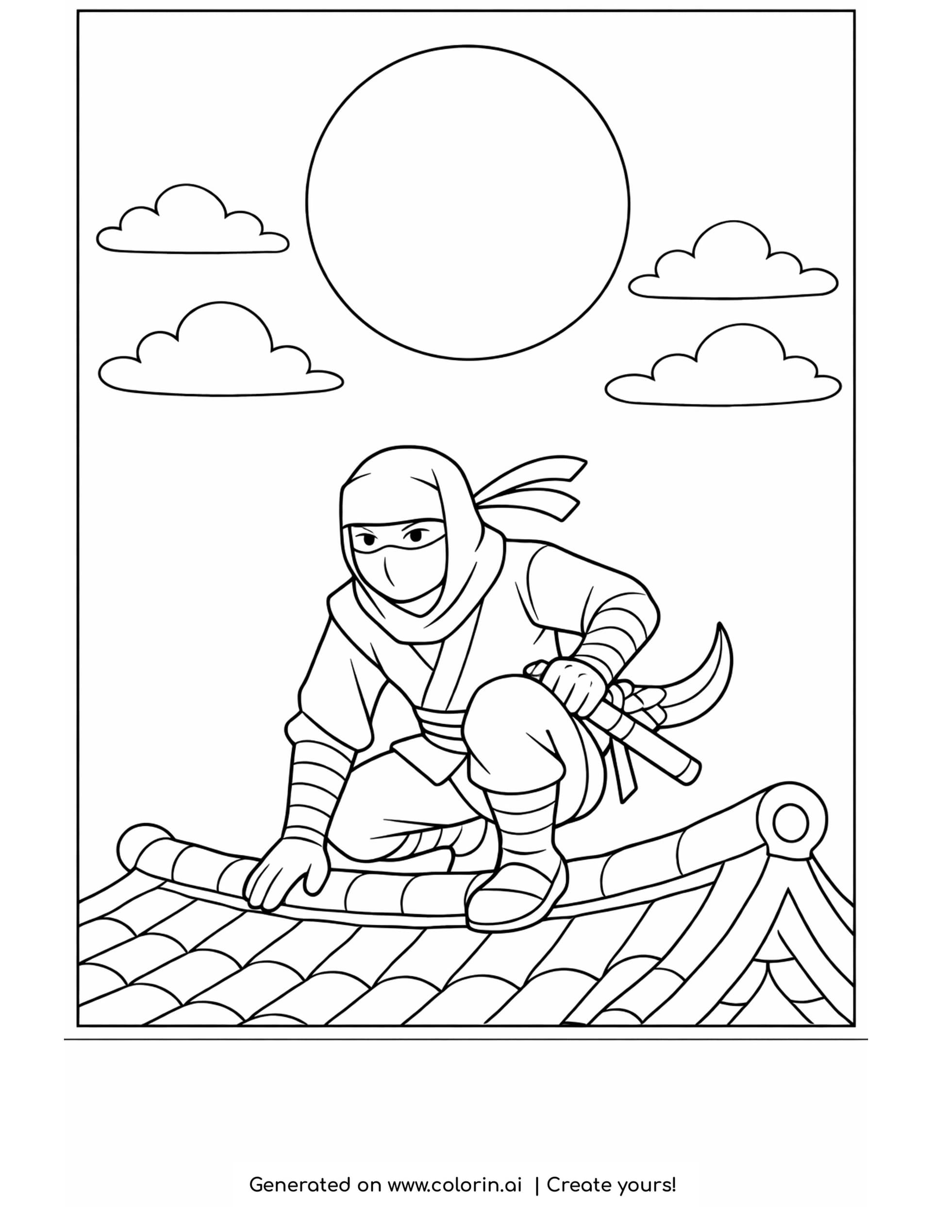 ninja coloring pages - ninja crouched on a curved tile rooftop under a large full moon with clouds