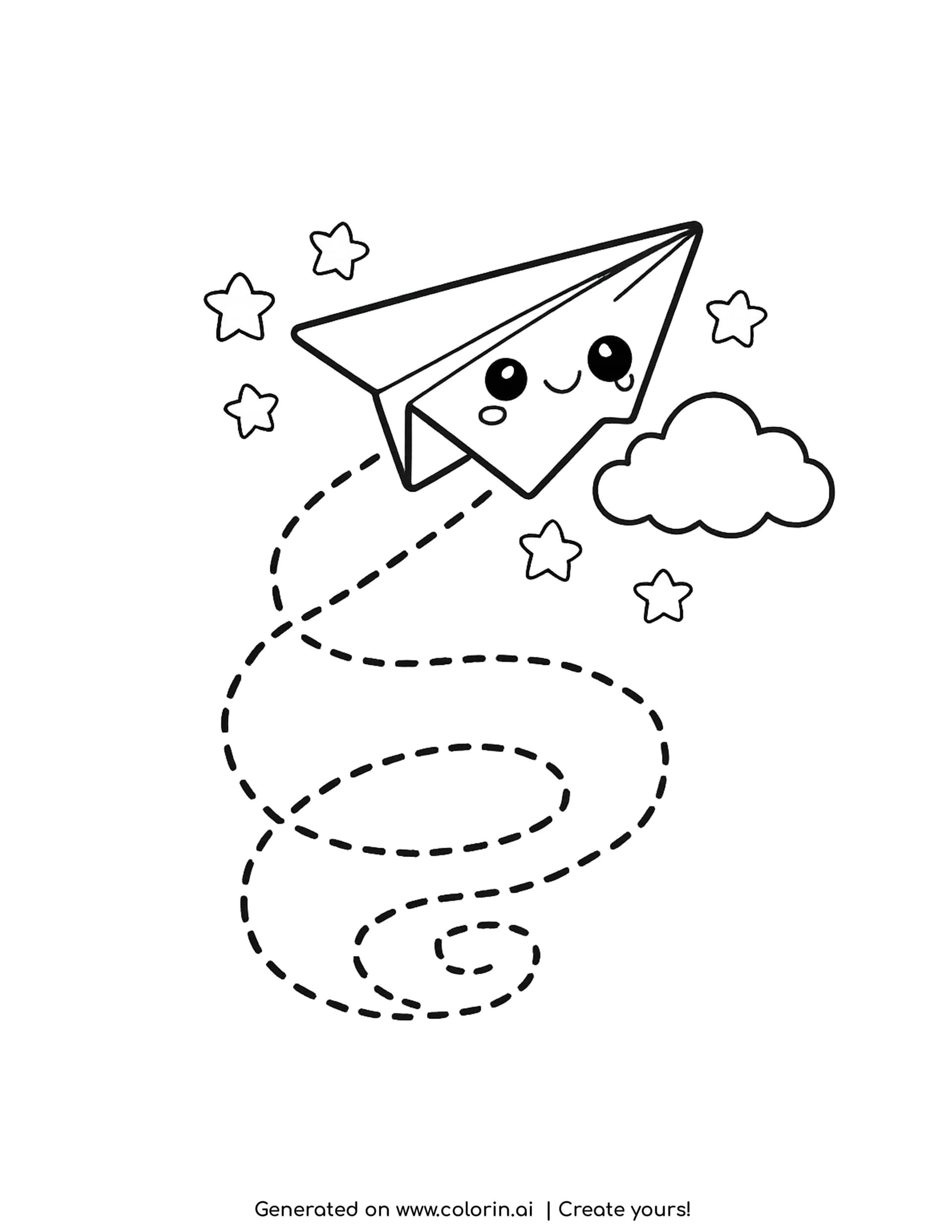 paper airplane coloring page — folded paper dart with a smiling face above a dotted looping flight path