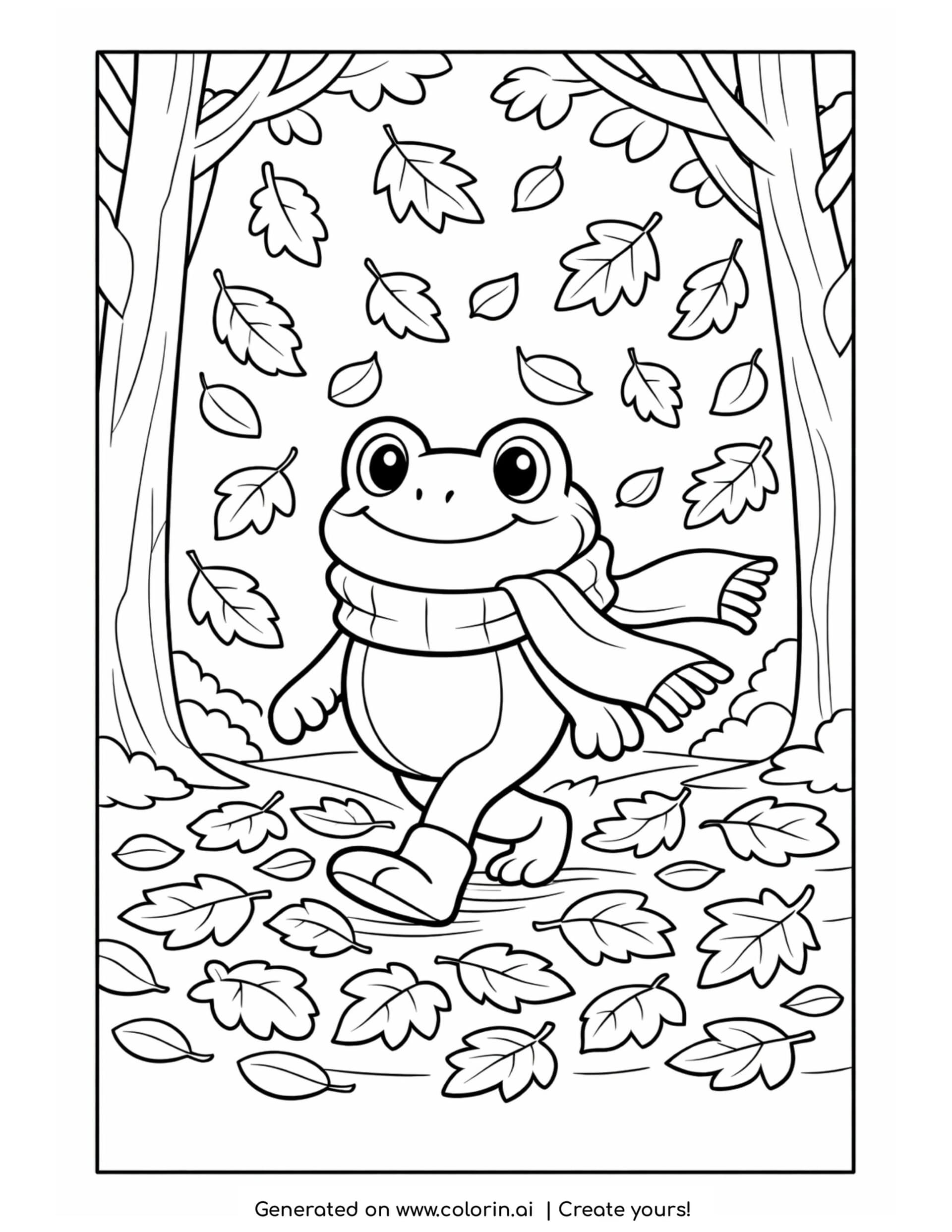 frog walking in autumn coloring page with scarf and falling leaves