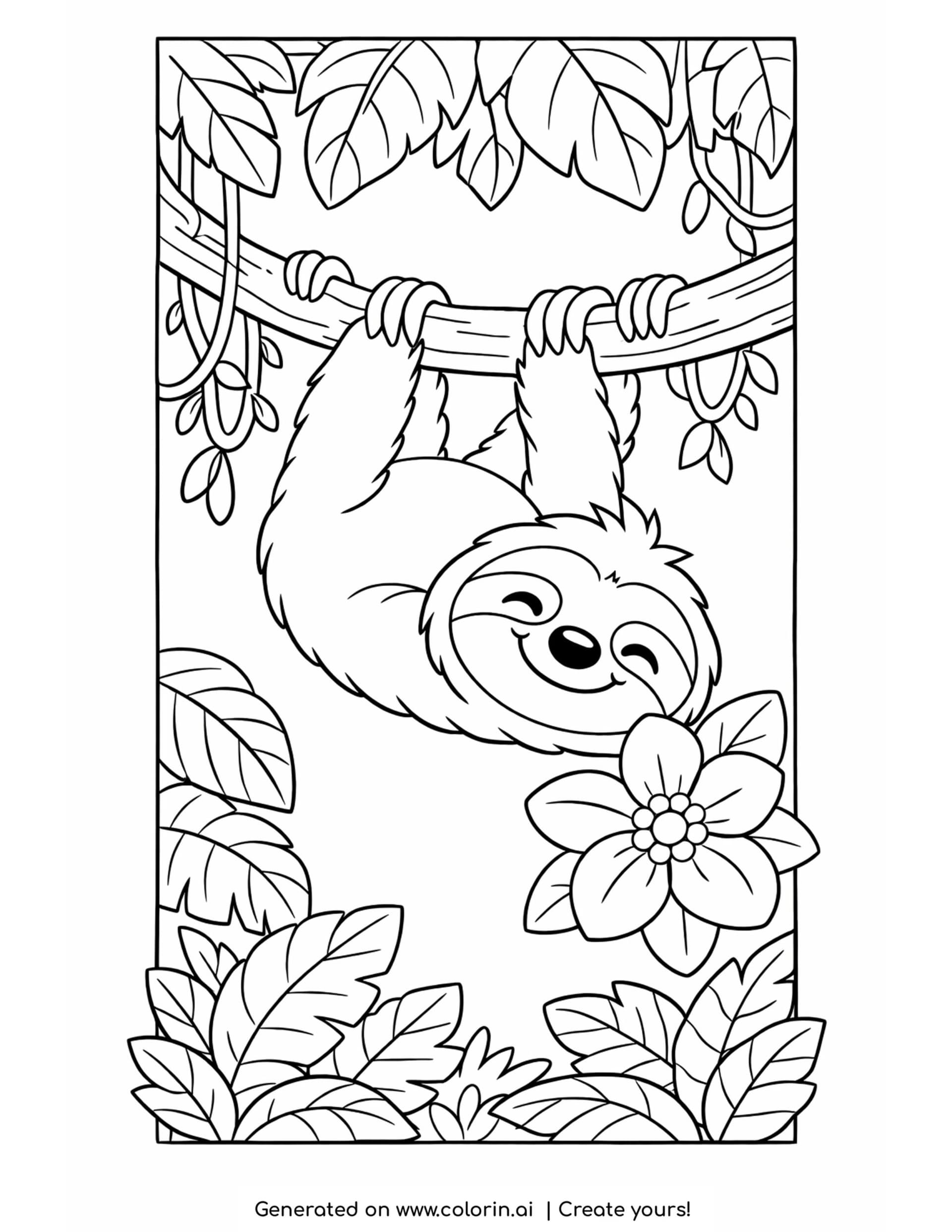 sloth coloring pages, a happy sloth hanging from a jungle branch reaching toward a flower among leaves