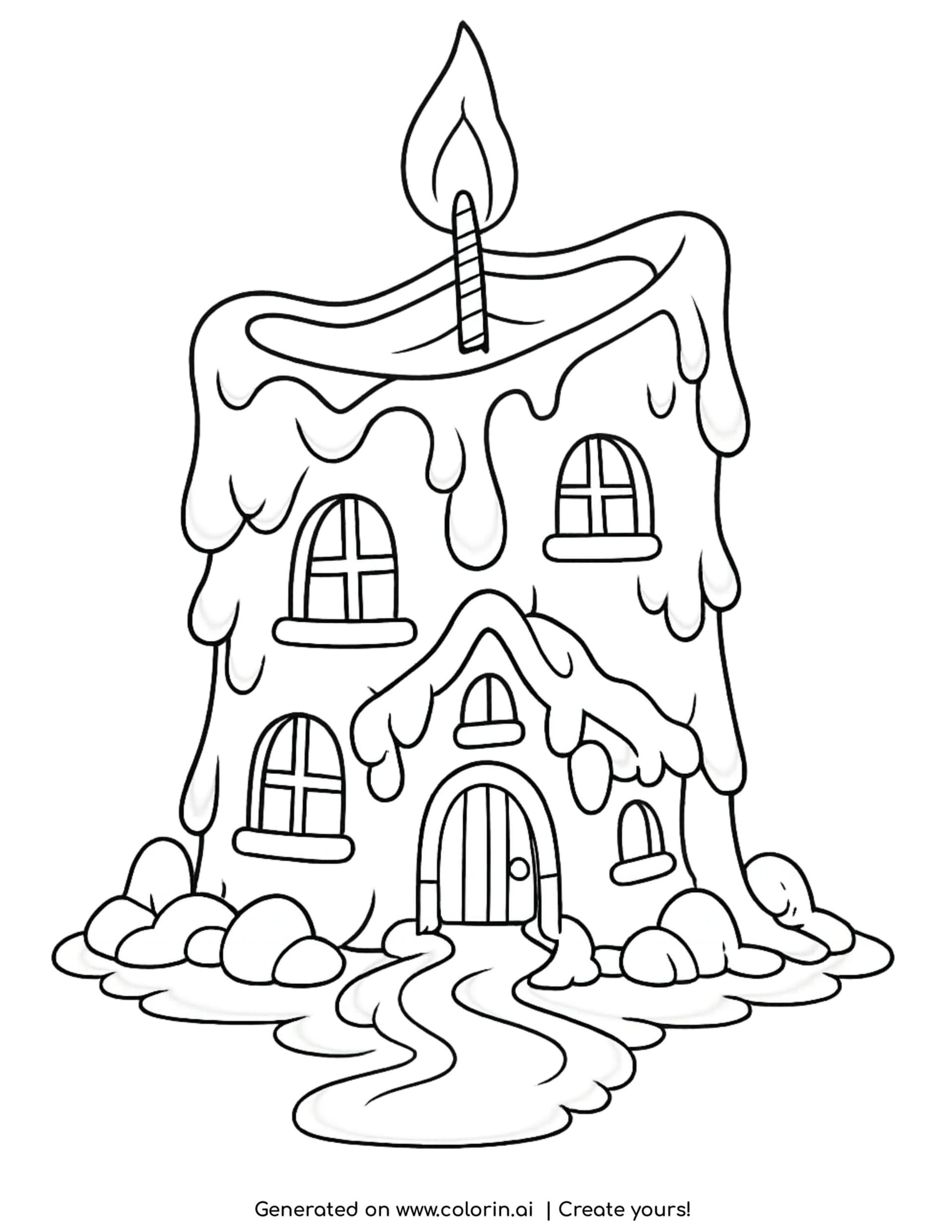 house inside melting candle coloring page with dripping wax and flame on top