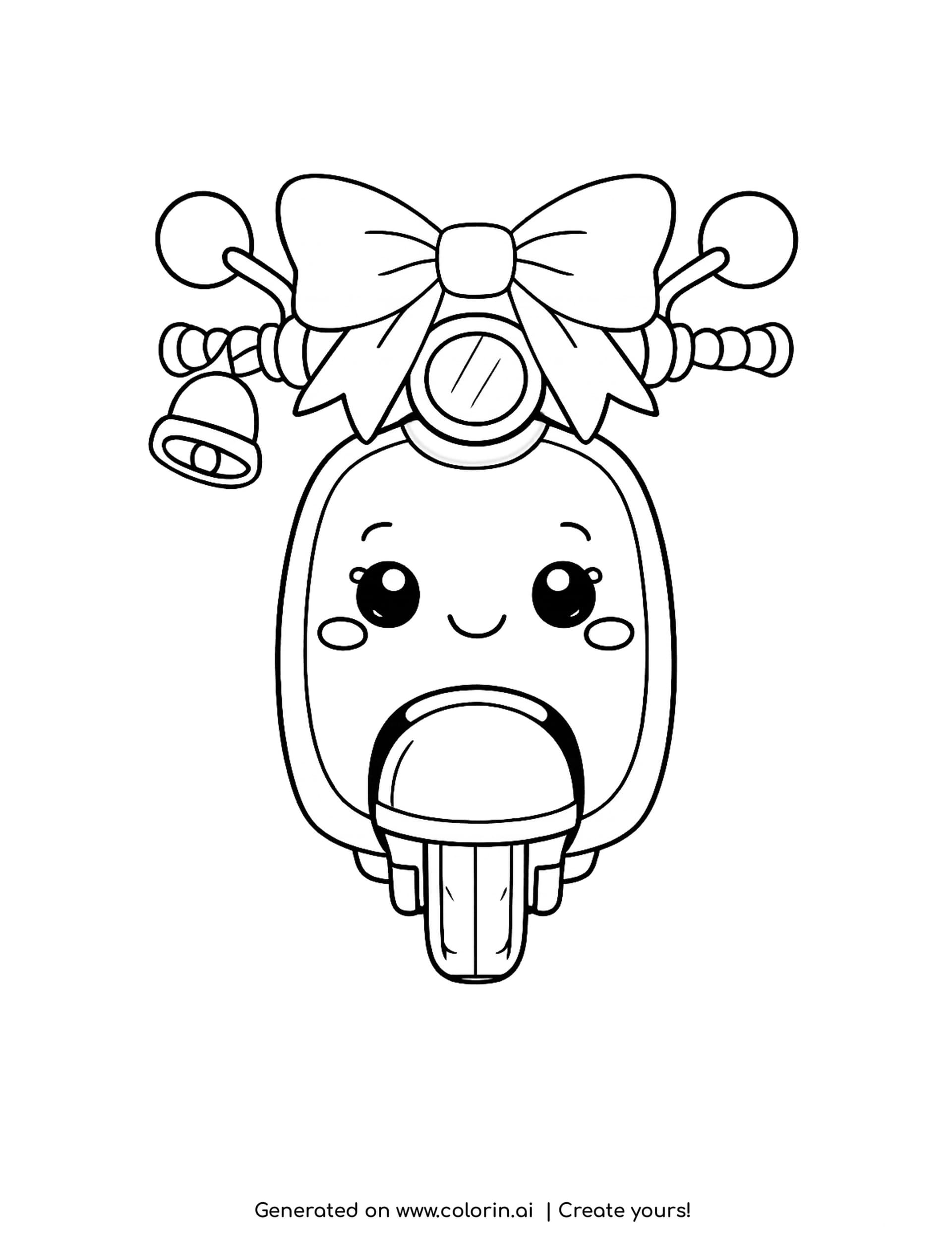 moped coloring pages - cute smiling moped seen from the front with a big bow on the handlebars and a bell