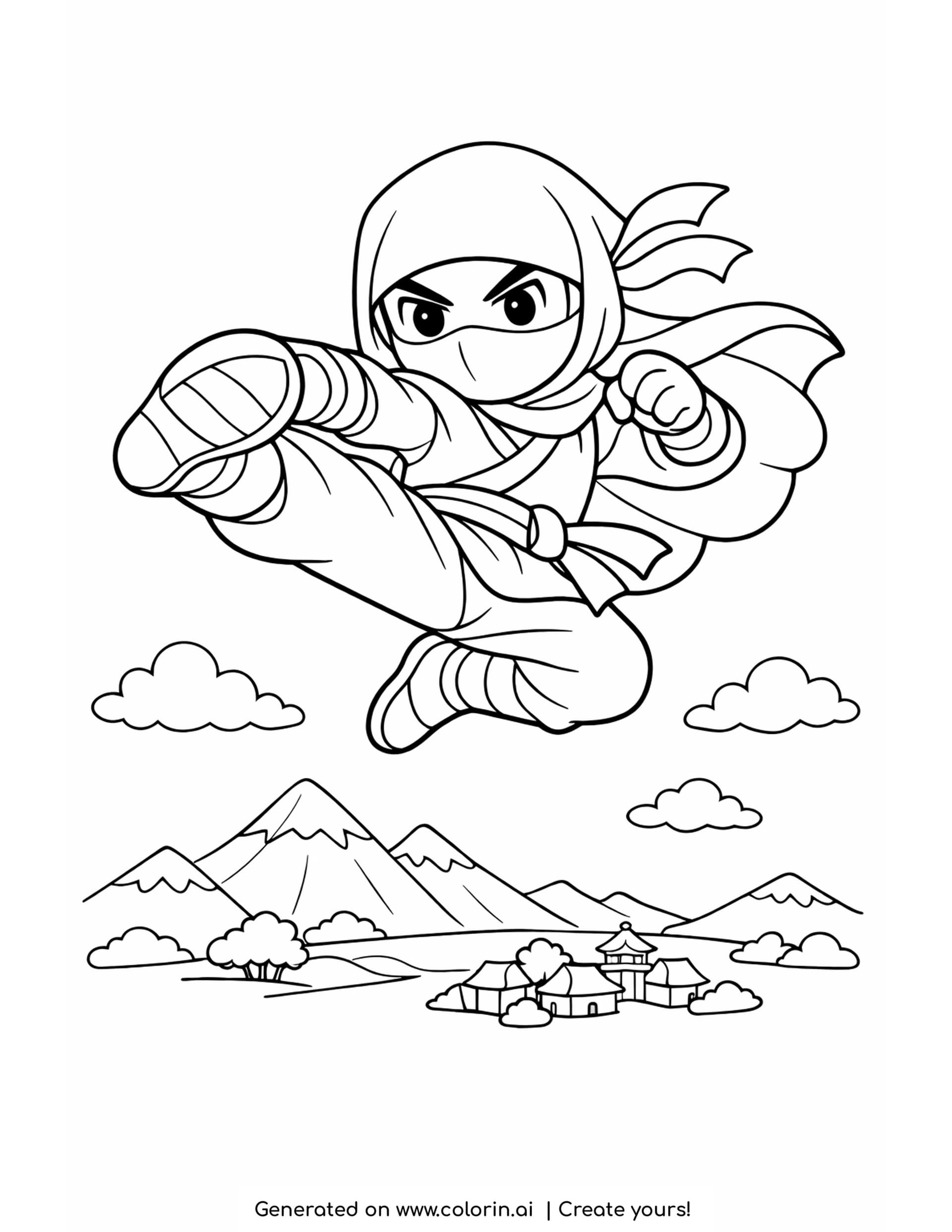 ninja kick coloring pages - ninja in a mid air flying kick with a wrapped foot above clouds and mountains