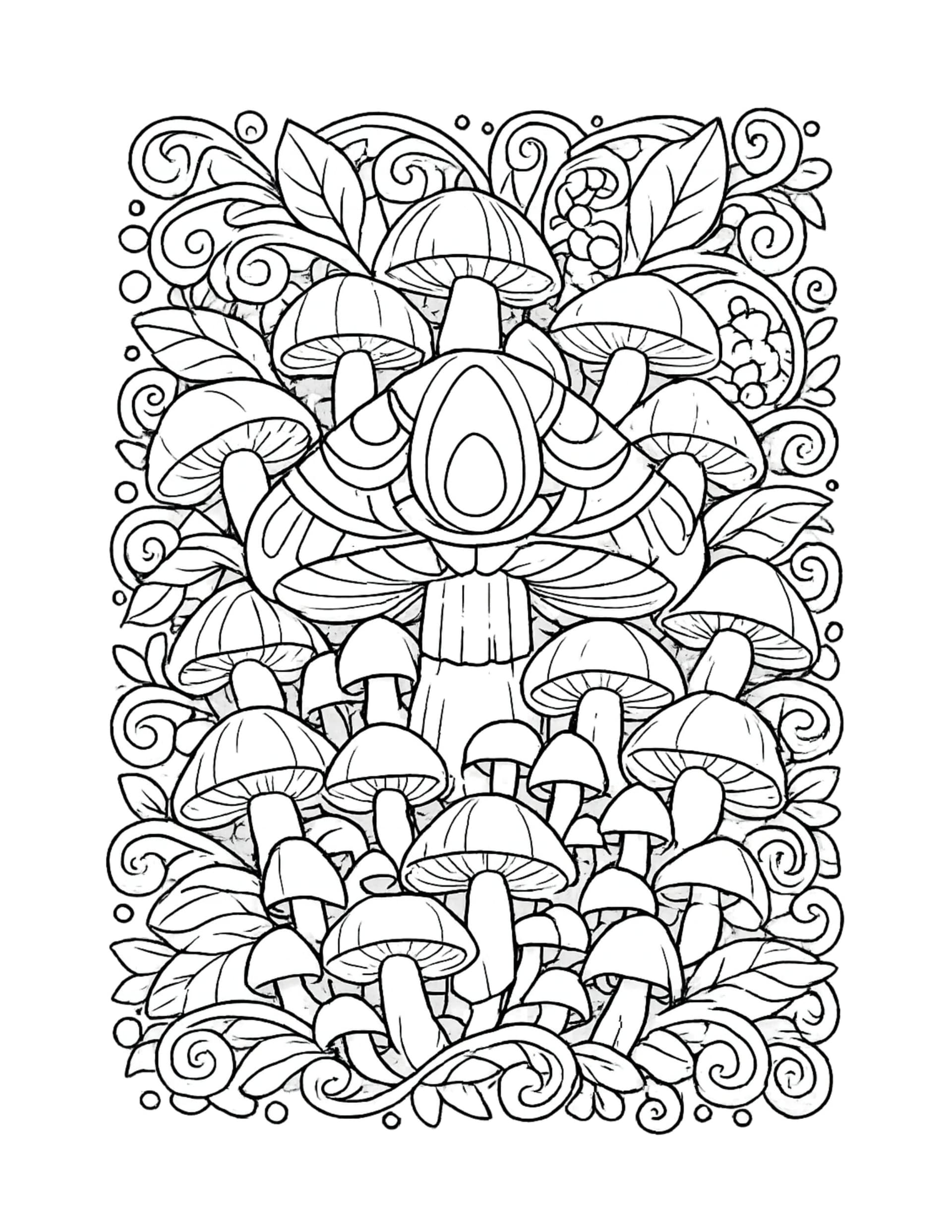 moth among mushrooms and leaves coloring page with swirling vines, leafy details, and many mushroom caps coloring page