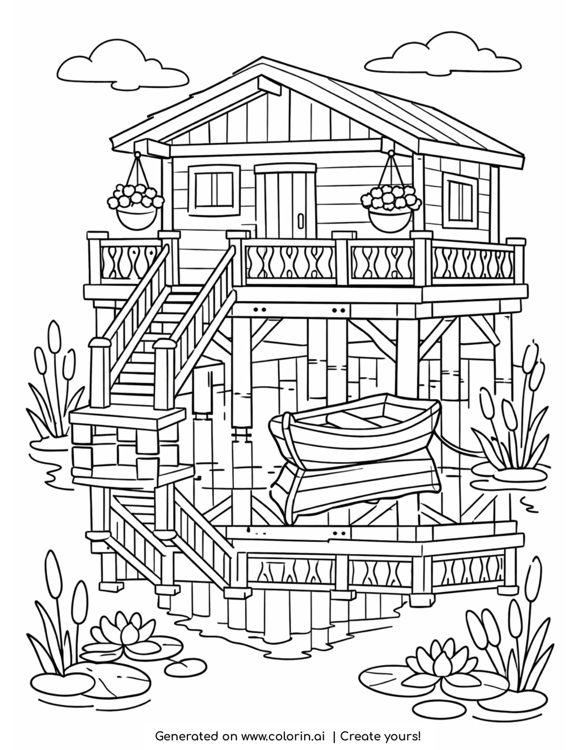 house on stilts over water coloring page with wooden cabin and small boat