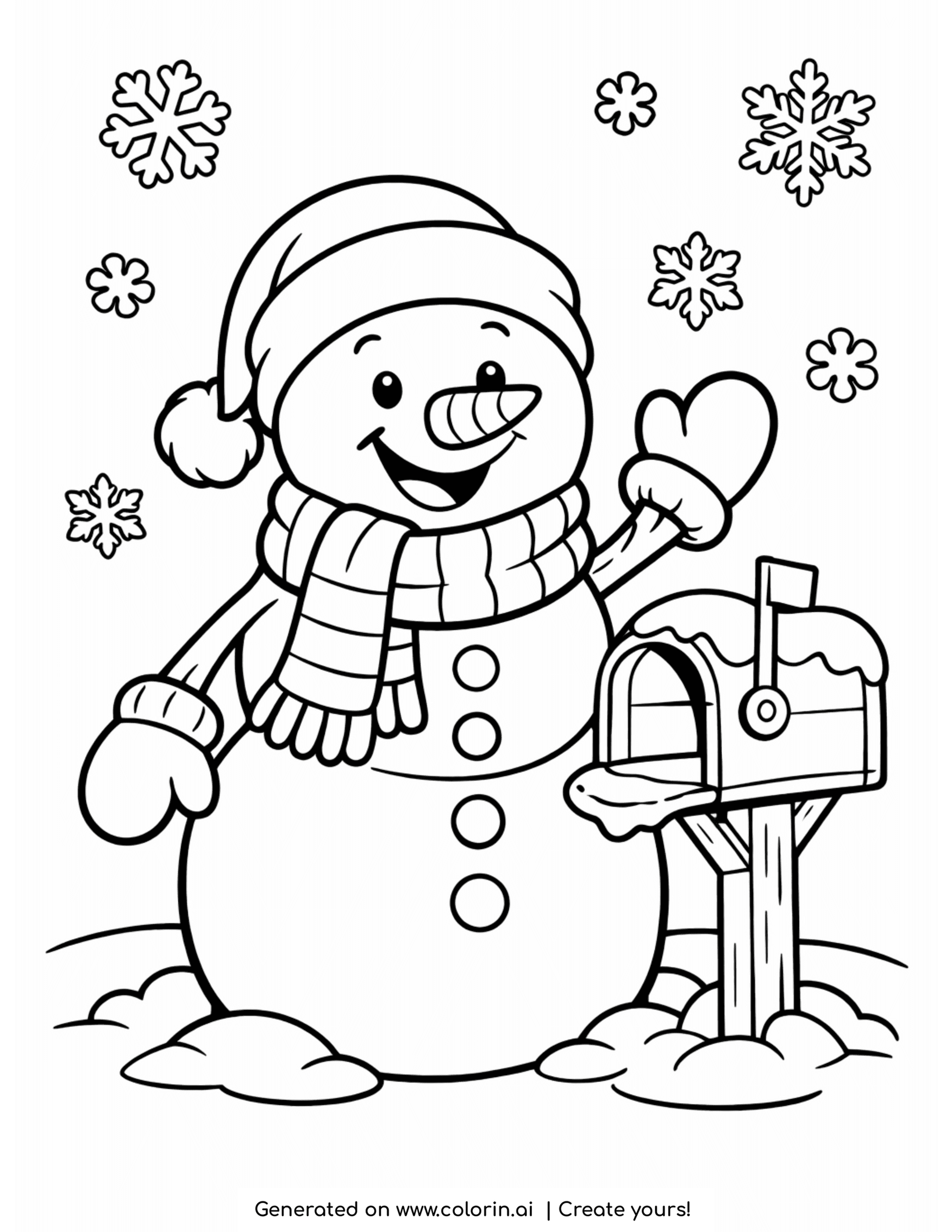 winter coloring pages for kids, a jolly snowman waving beside a snowy mailbox