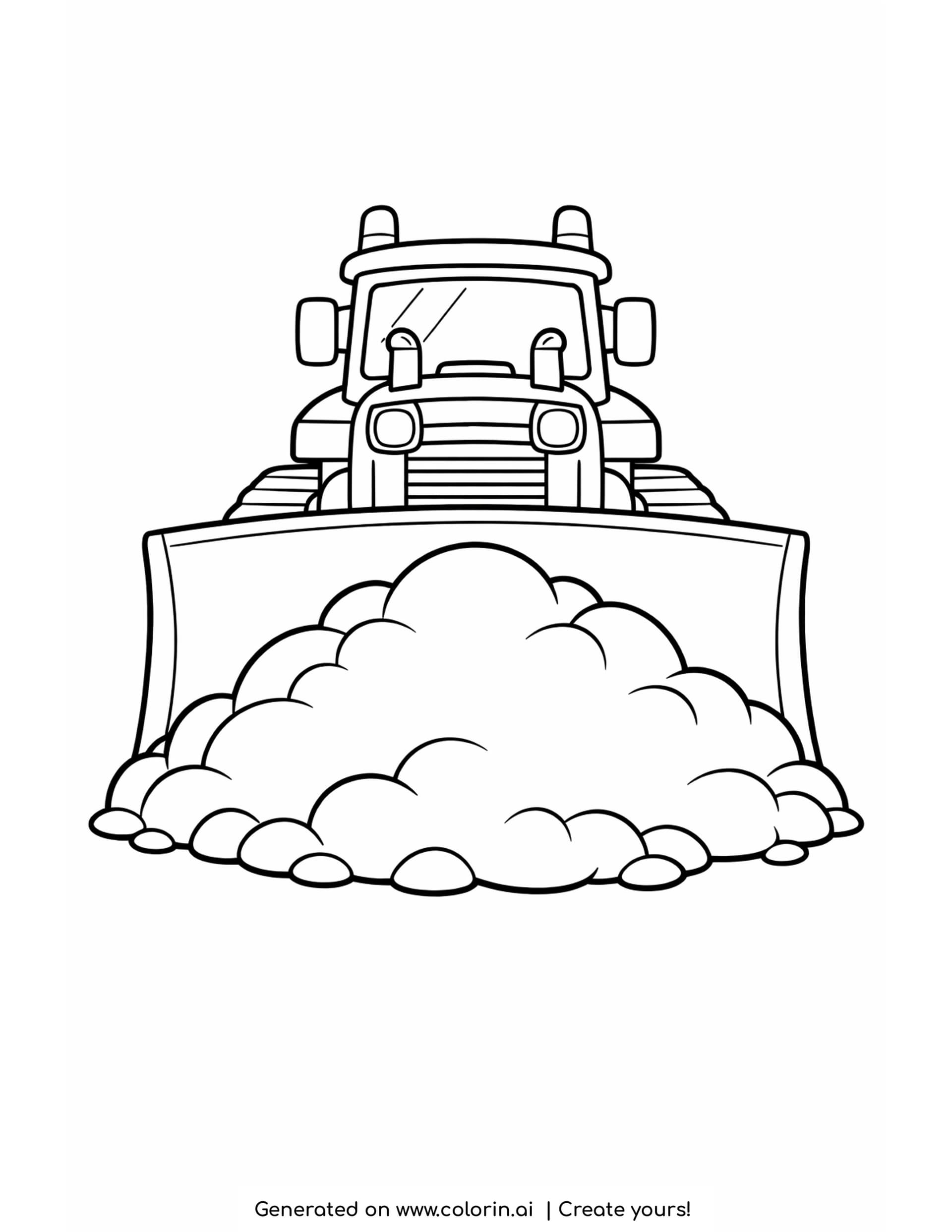 bulldozer coloring pages, a sturdy bulldozer seen from the front pushing a big mound of dirt with its wide blade