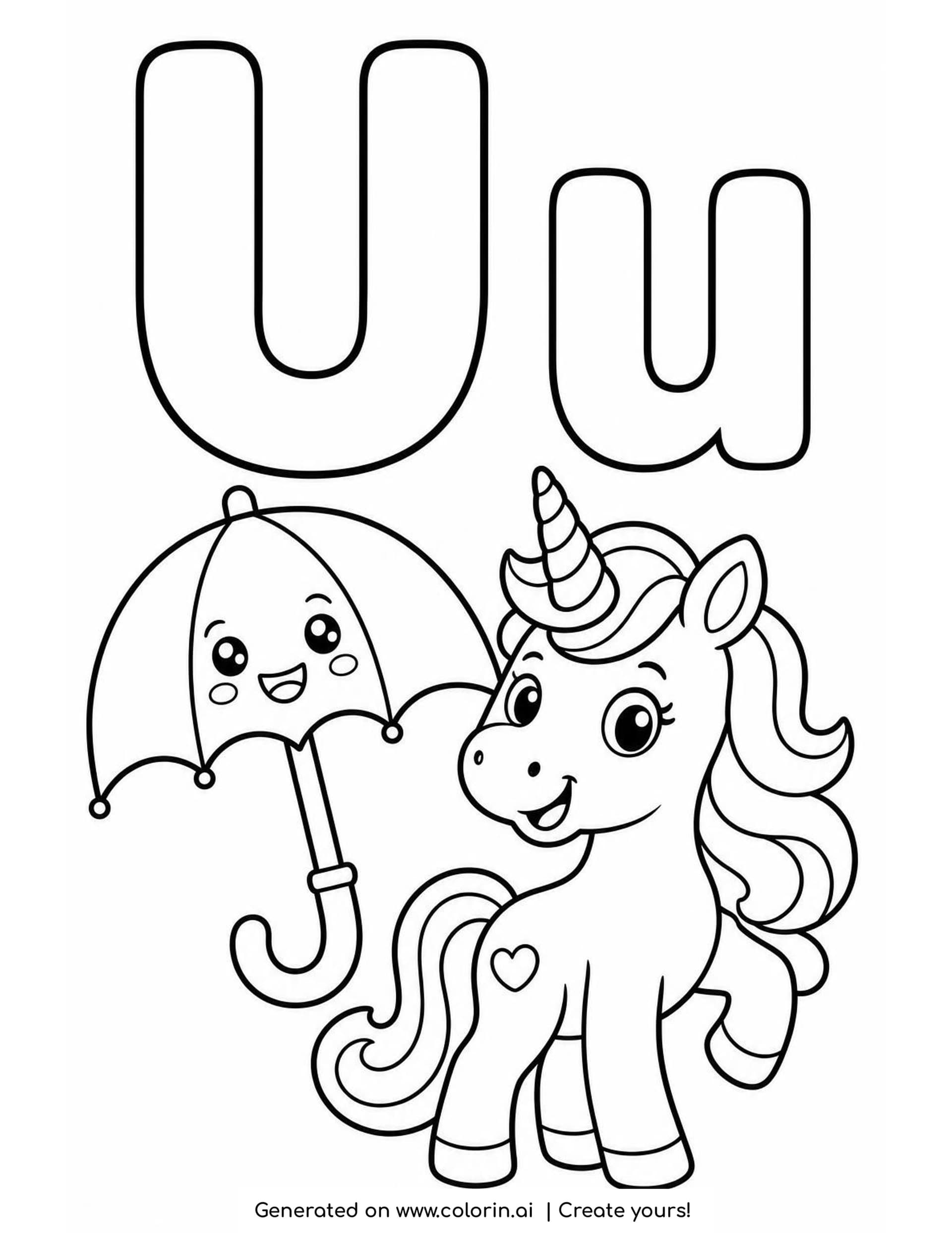 A letter U coloring page with a hollow capital U and lowercase u above an open umbrella with a smiling face and a unicorn with a spiral horn