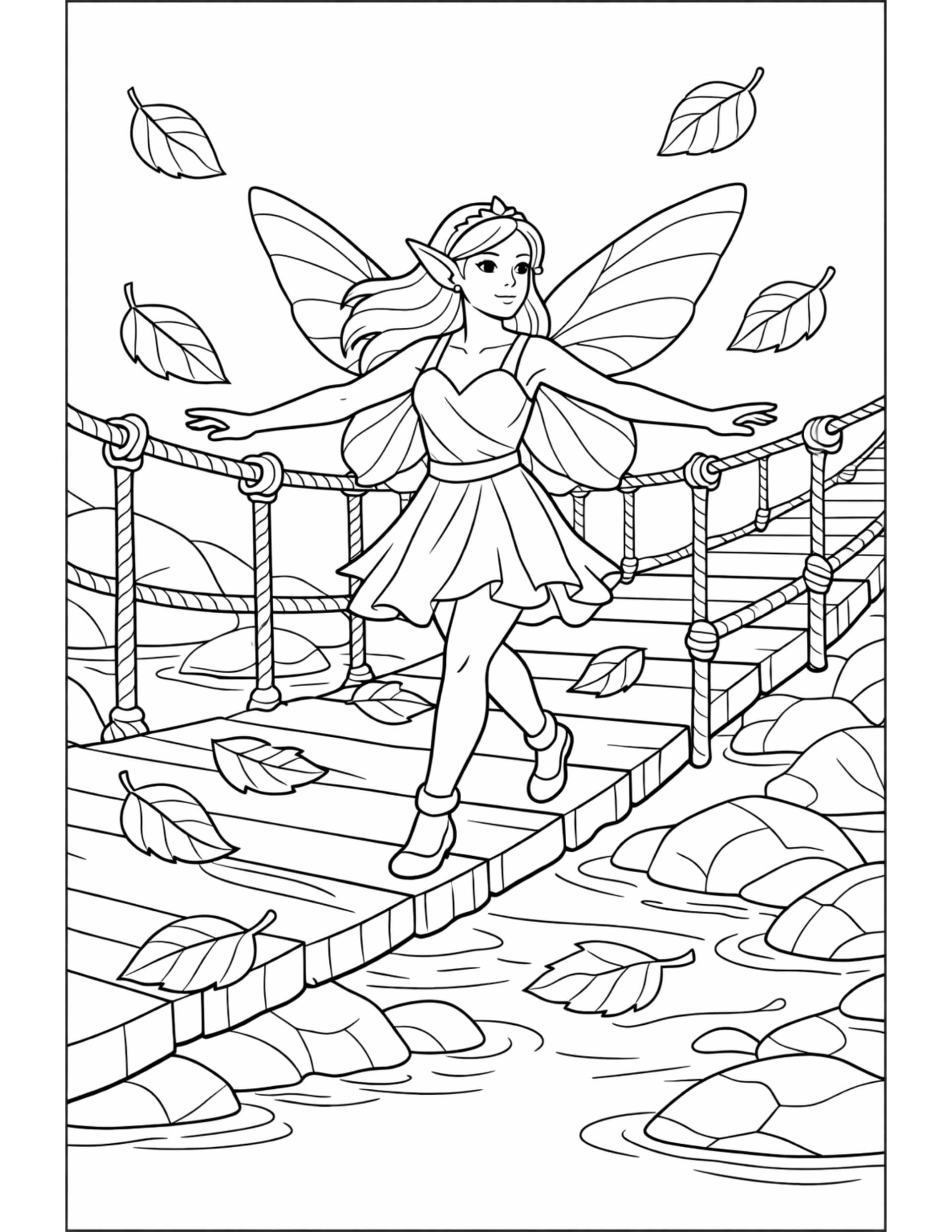 fairy walking on rope bridge coloring page featuring a winged fairy crossing above a stream with rocks and falling leaves coloring page