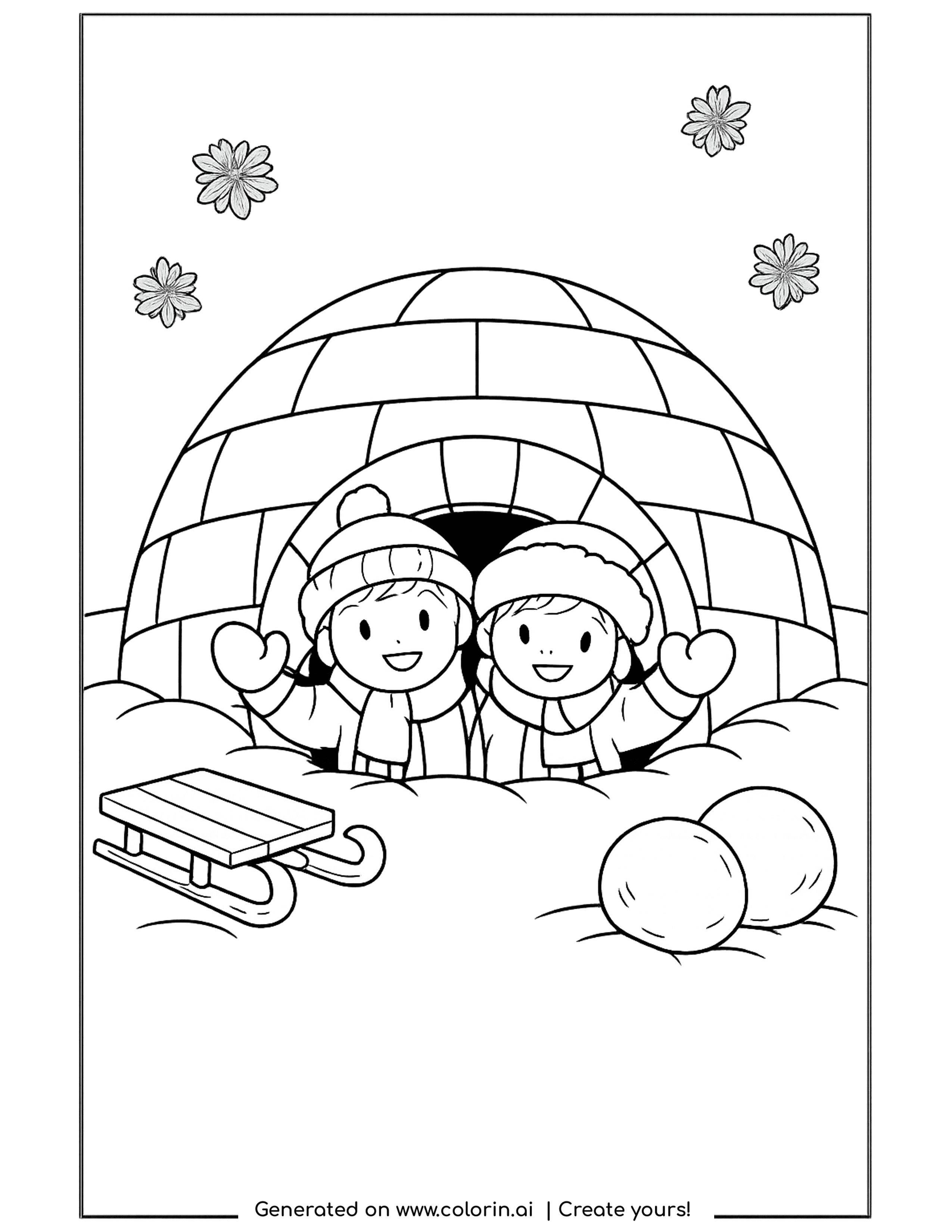 winter coloring pages for kids, two children peeking out of an igloo with a sled and snowballs