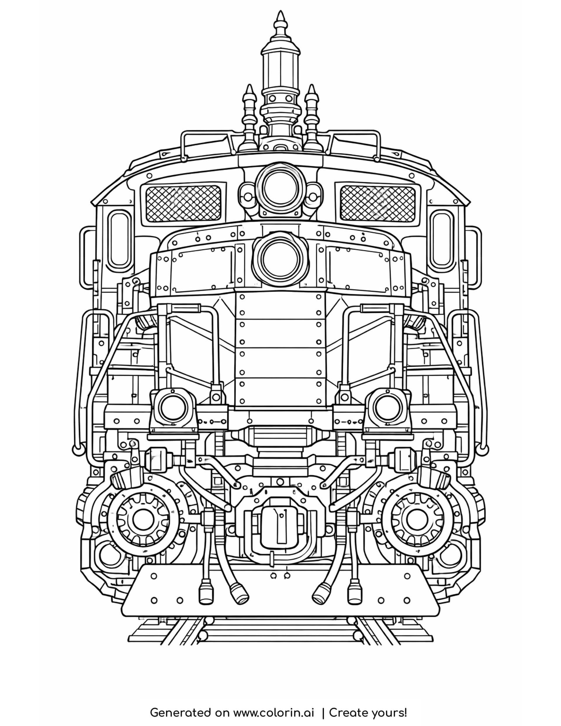 freight engine coloring pages: a head on freight locomotive with toothed gears, mesh grilles and riveted plate