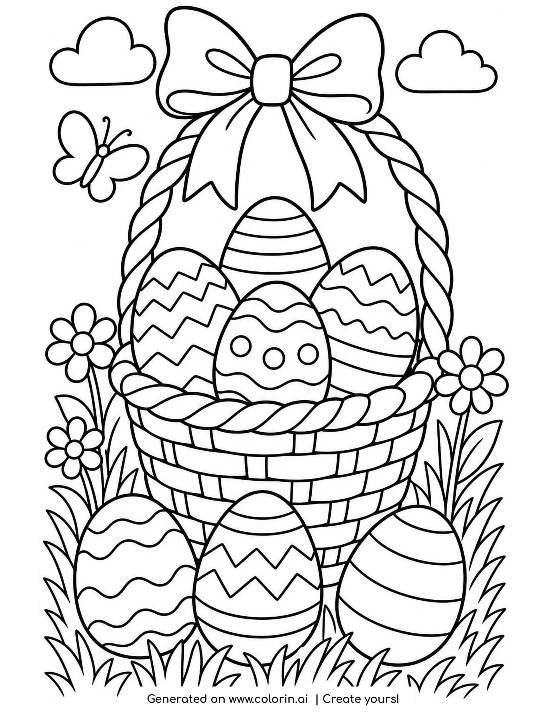 Easter basket coloring page of a woven basket with a big bow on its tall handle, four decorated eggs inside and three eggs on the grass