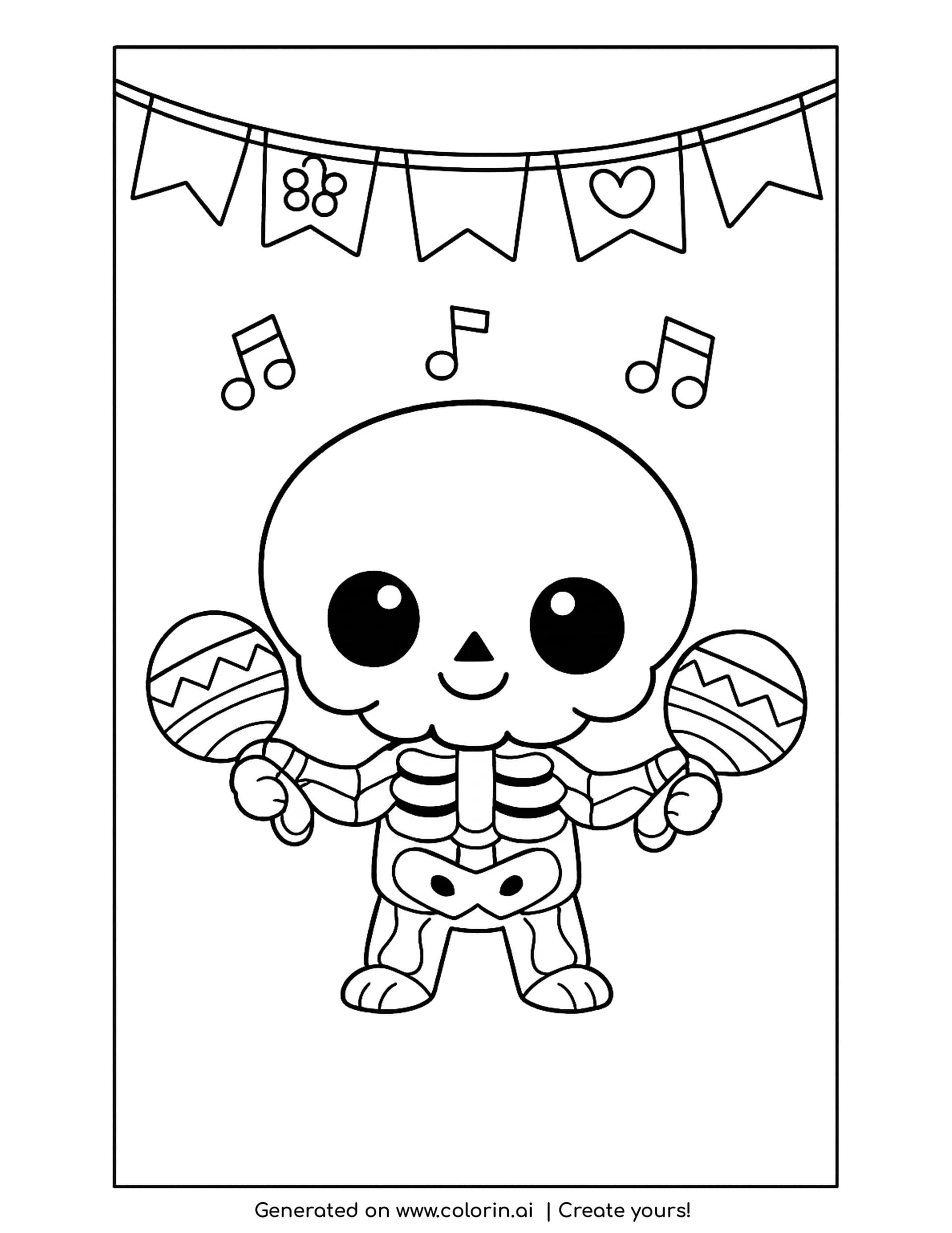 day of the dead skeleton coloring pages, little skeleton shaking two round maracas with music notes and banner flags above