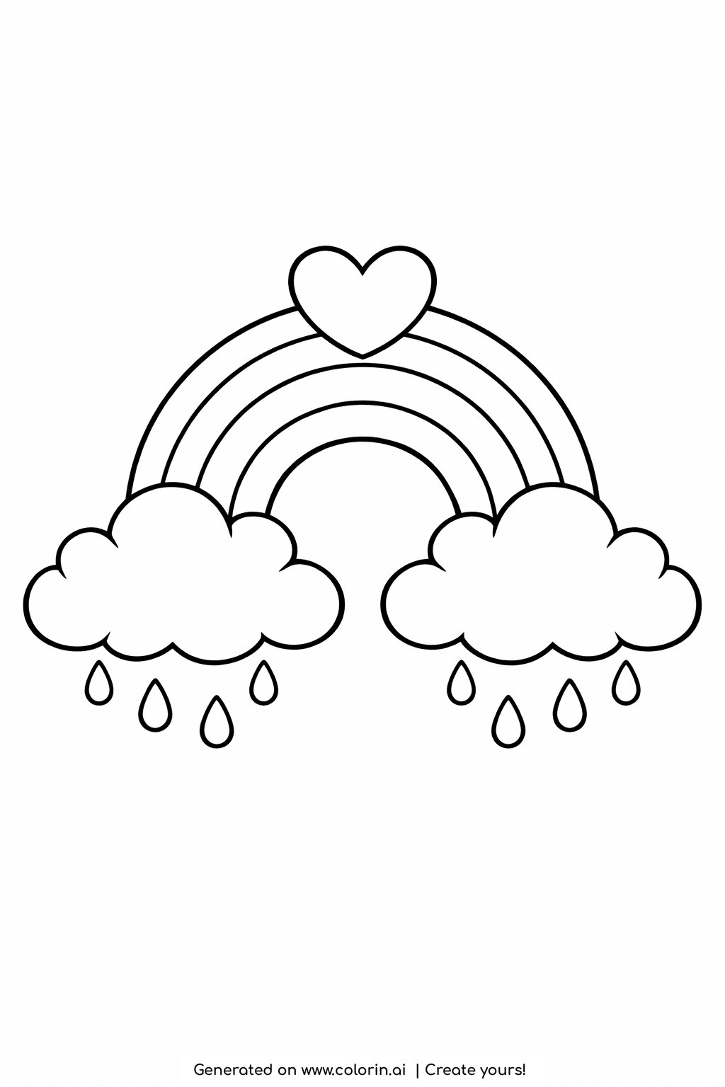 coloring pages for kids rainbow, a rainbow arch with a heart on top and two rain clouds with falling drops