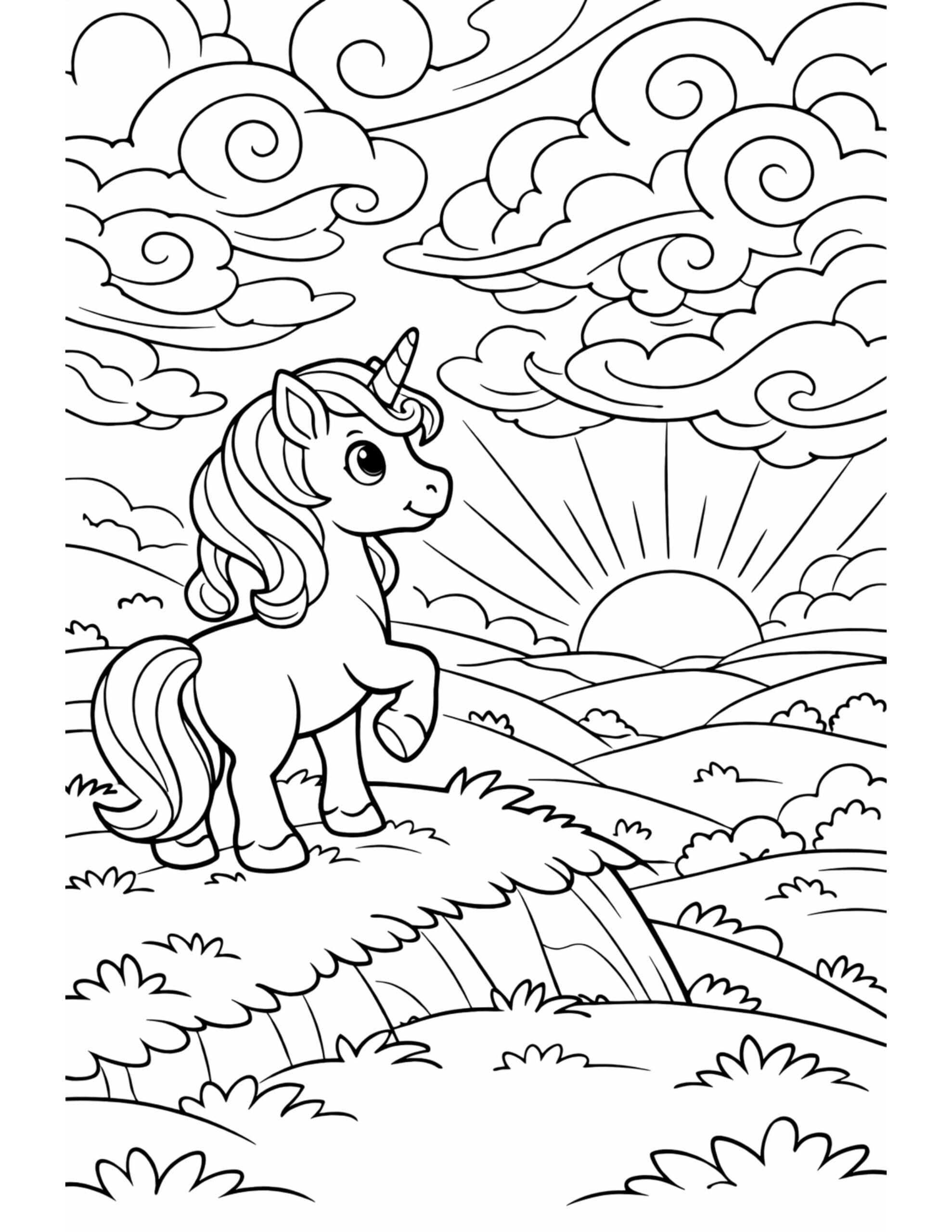 unicorn watching sunrise on hills coloring page with clouds and landscape coloring page