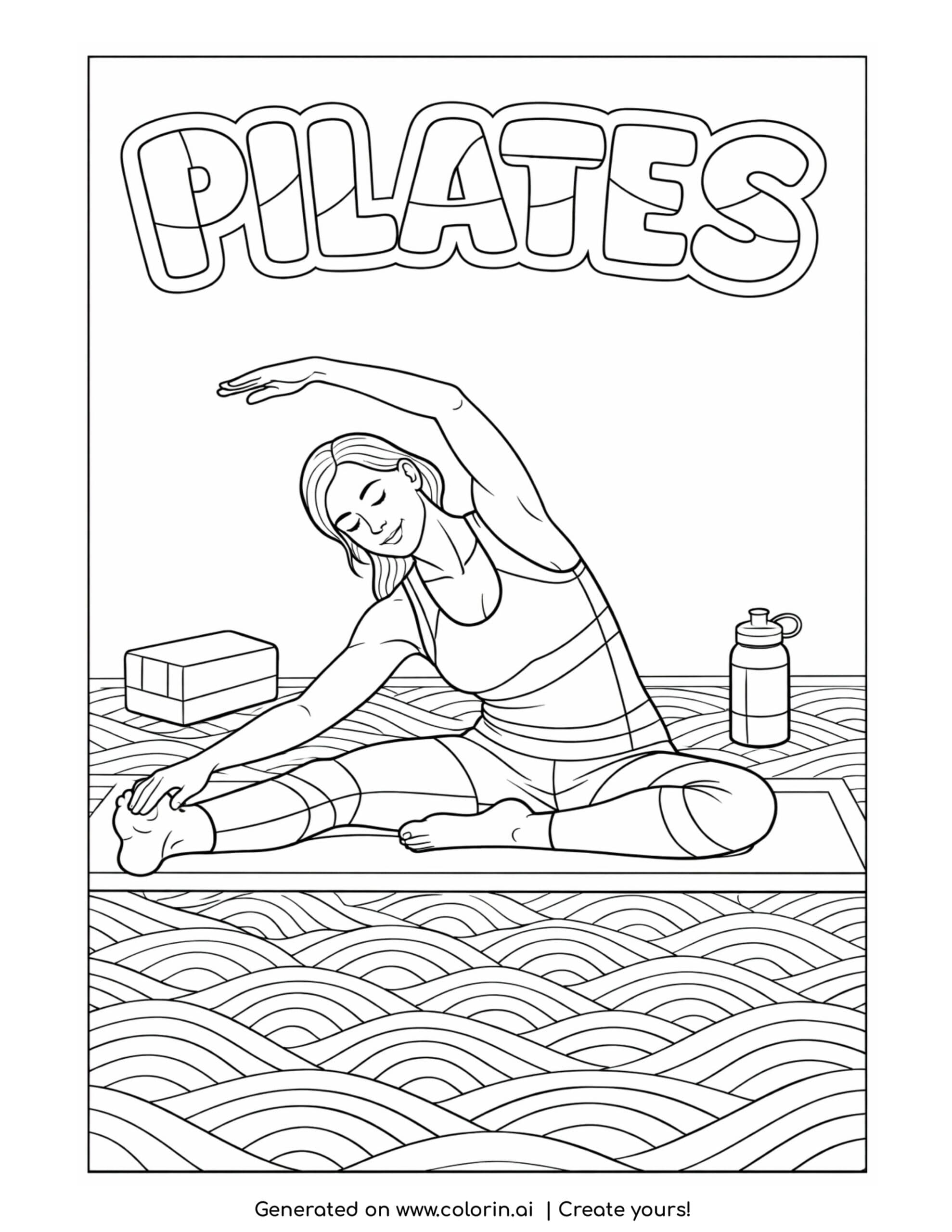 pilates woman stretching on mat coloring page with yoga block and calm indoor scene