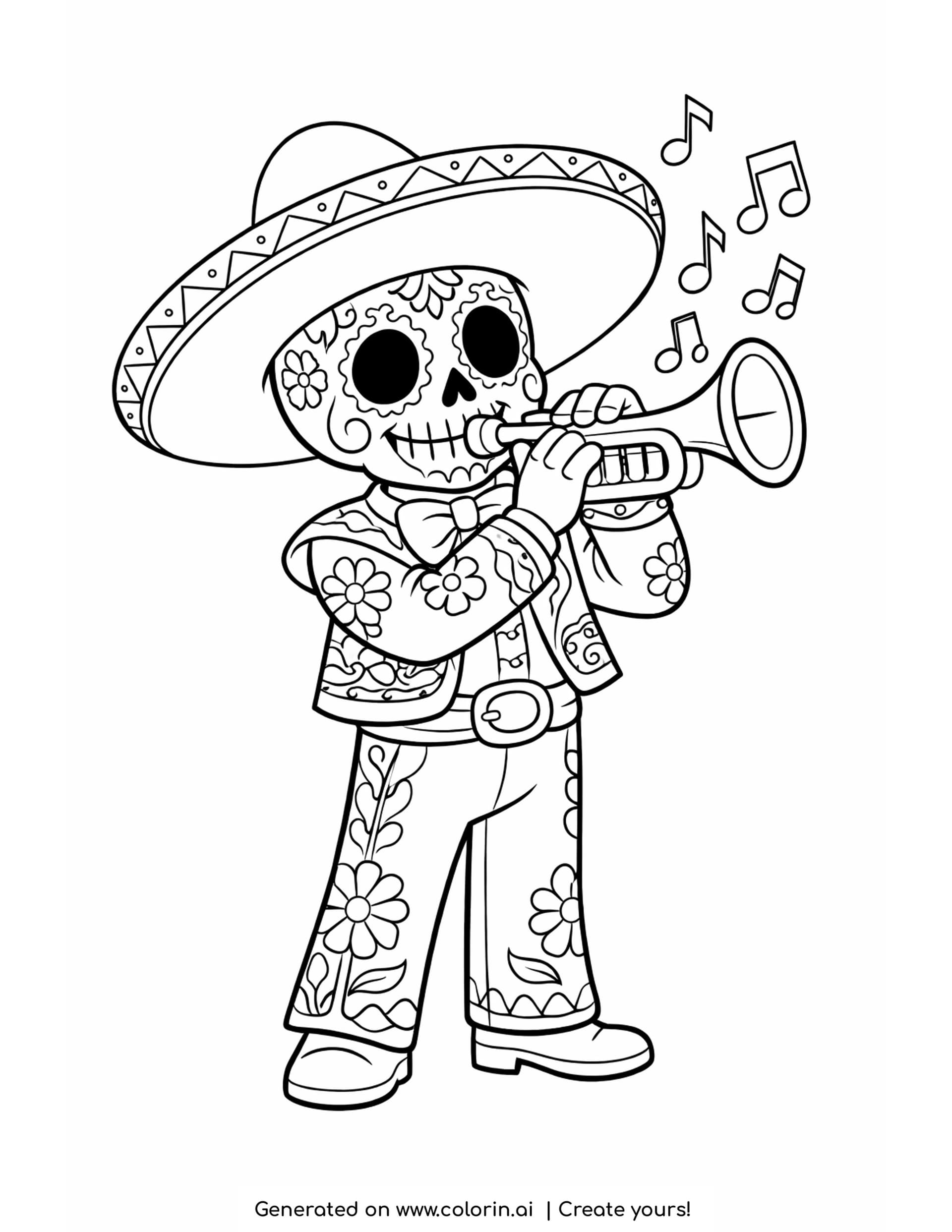 mariachi coloring pages, mariachi in an embroidered suit and wide sombrero playing a trumpet with a sugar skull face