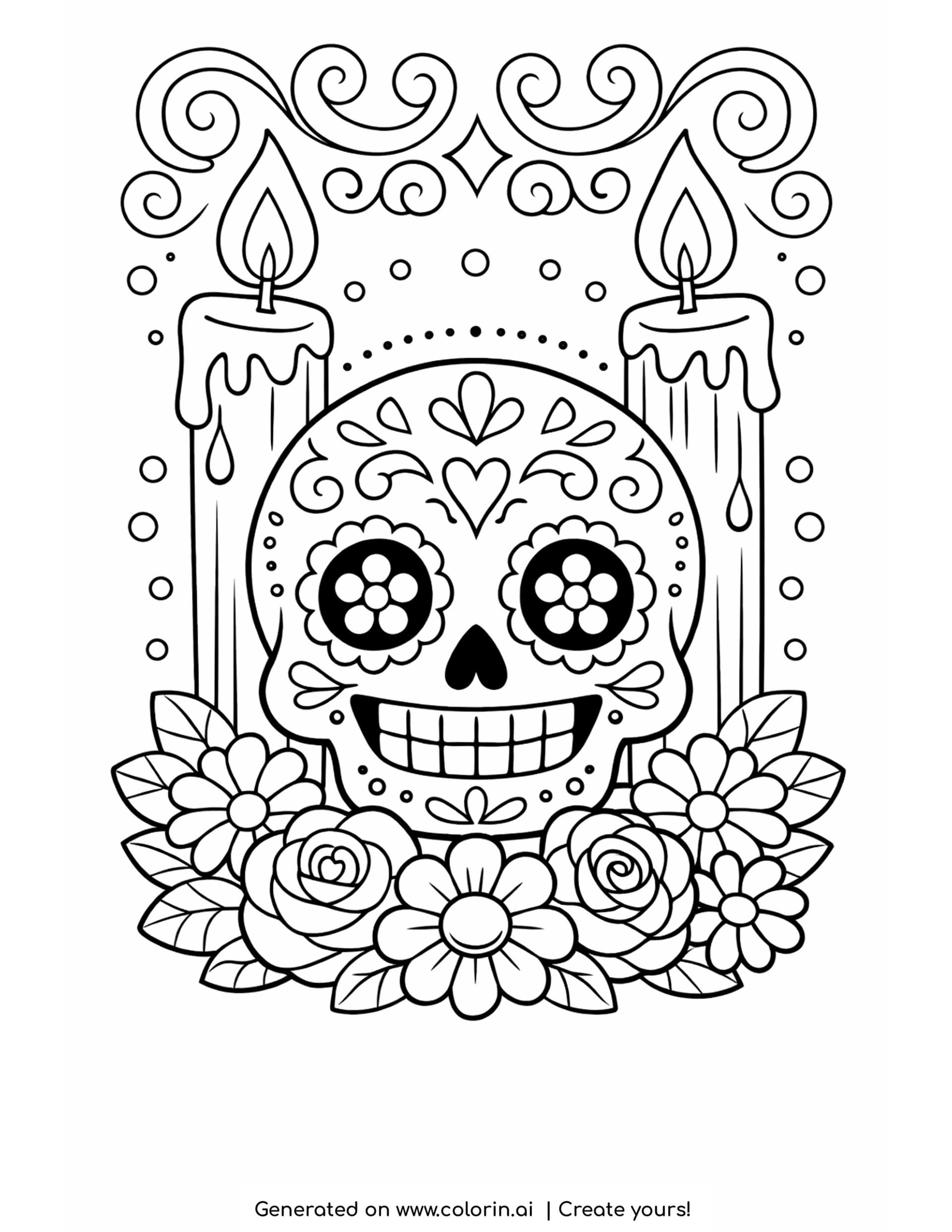 sugar skull with candles coloring pages, skull between two tall lit candles with roses and flowers below