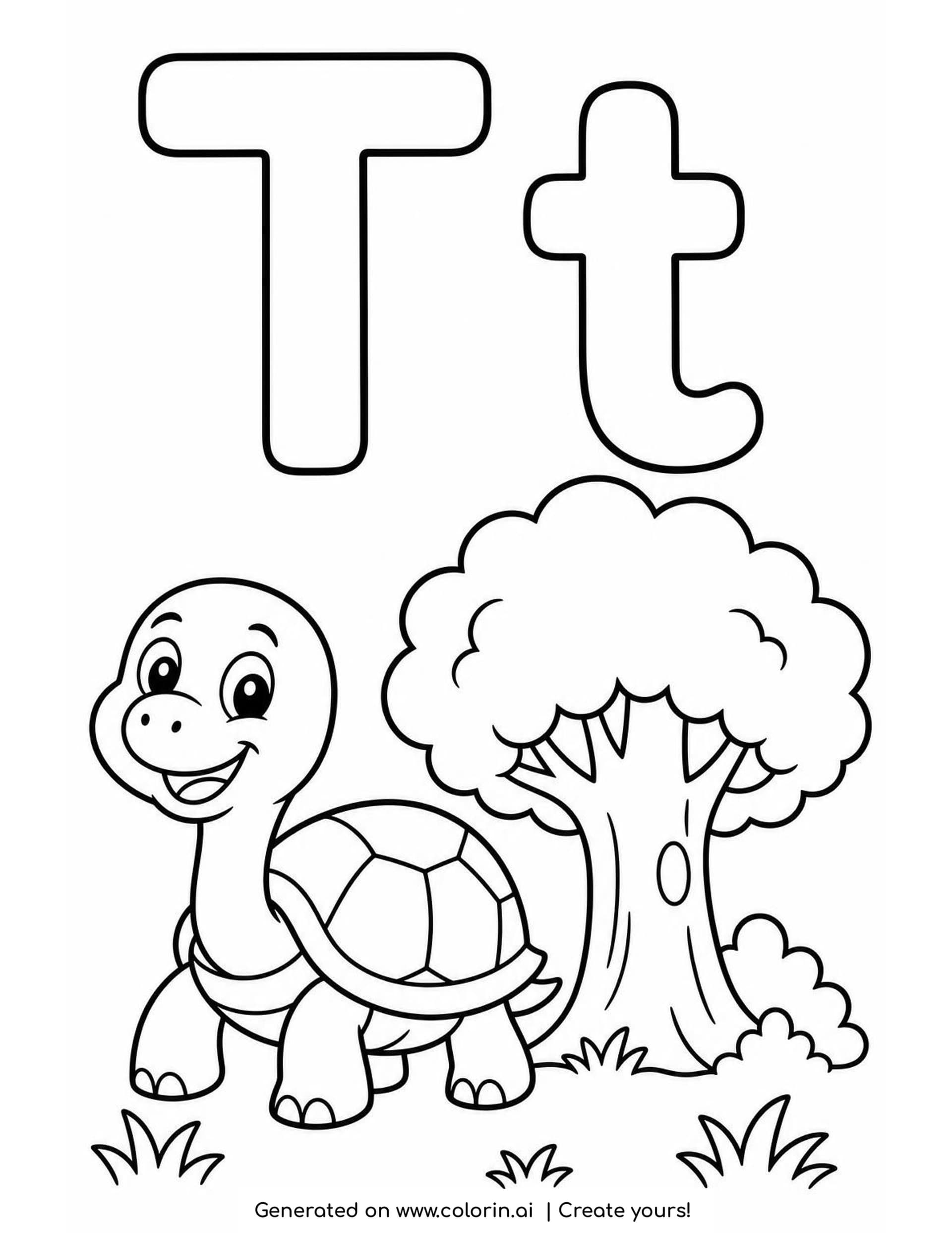 A letter T coloring page with a big hollow capital T and lowercase t above a smiling turtle walking past a bushy tree on the grass