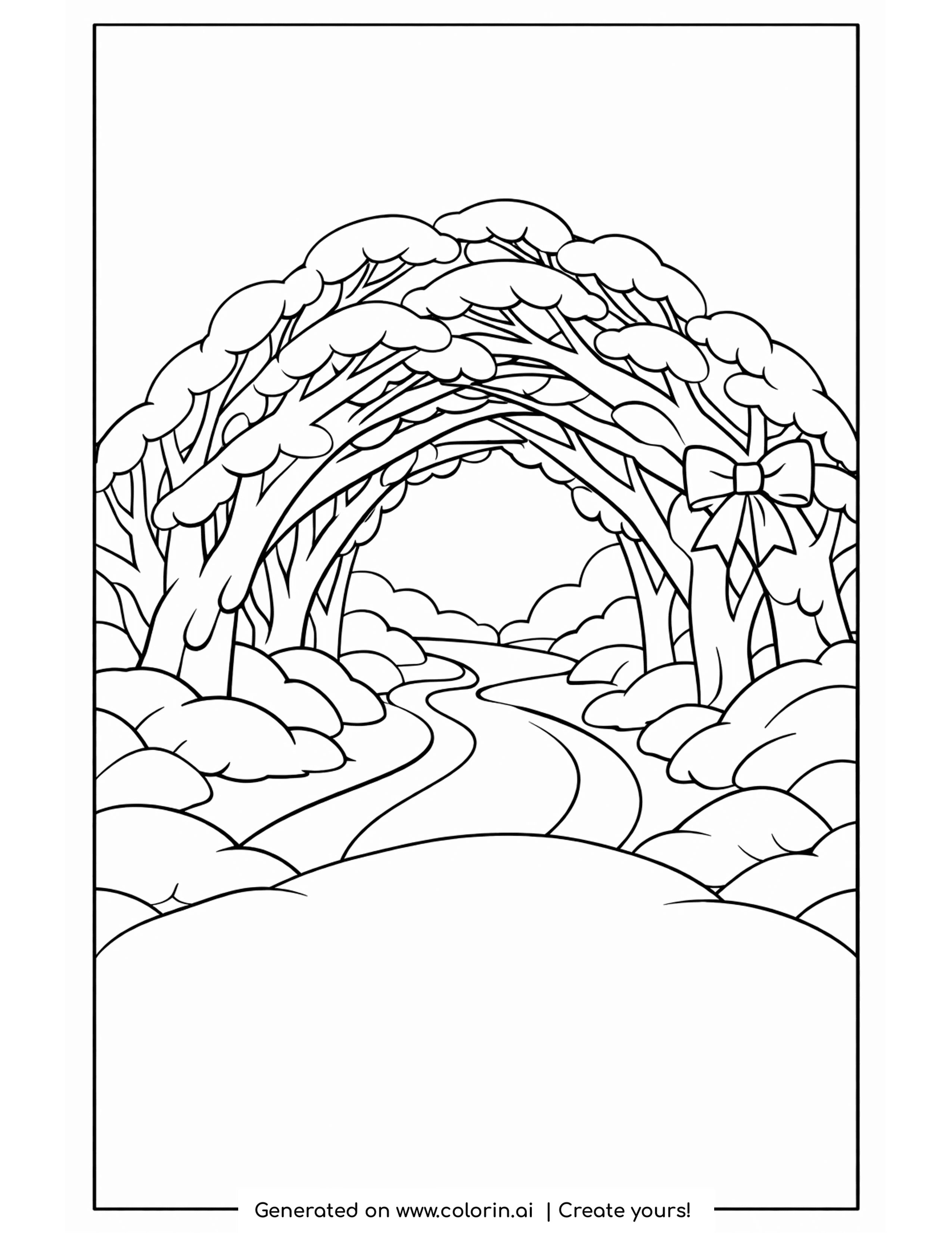 winter wonderland coloring pages, a snow-covered archway of trees with a bow framing a path into a winter scene