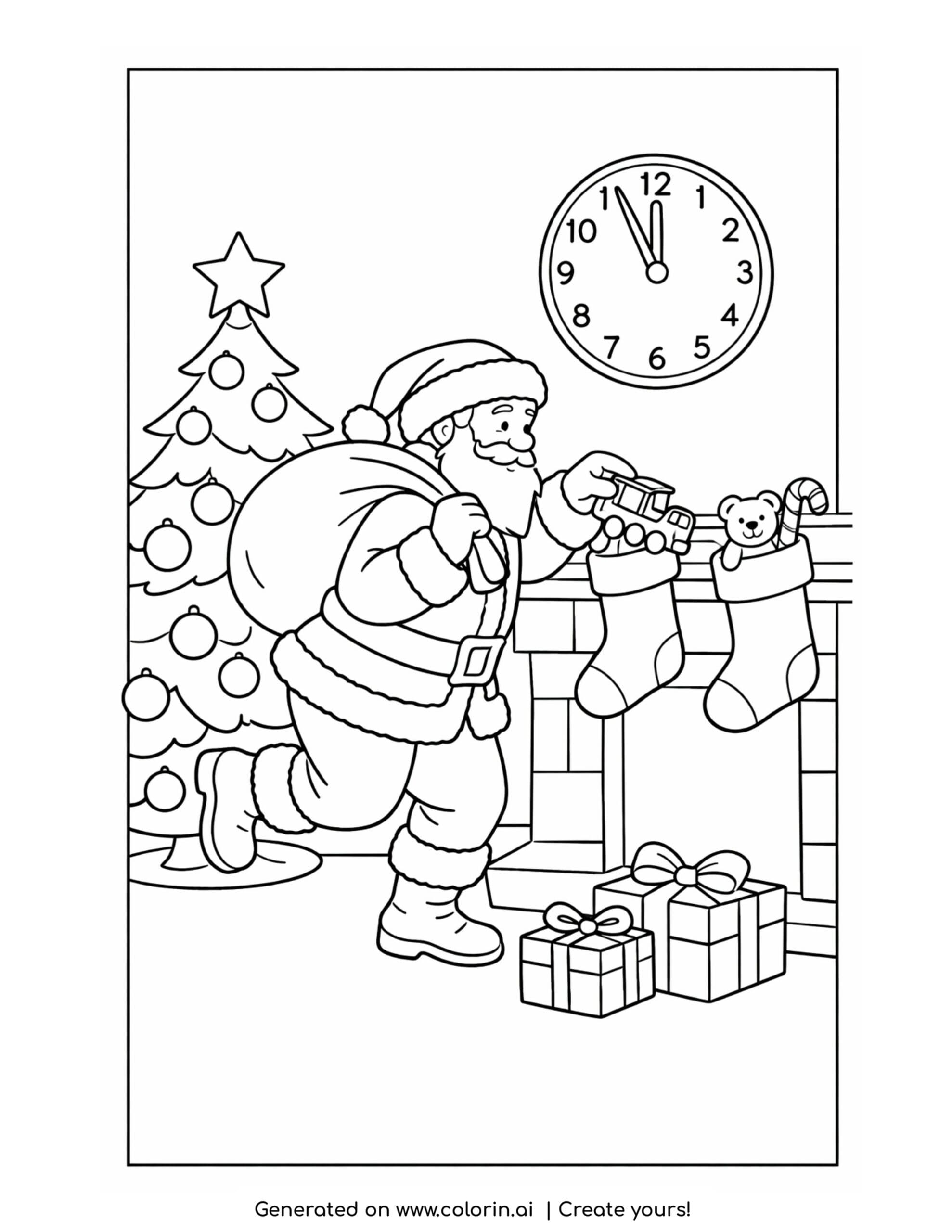 printable christmas coloring pages, Santa filling stockings by a fireplace next to a decorated Christmas tree