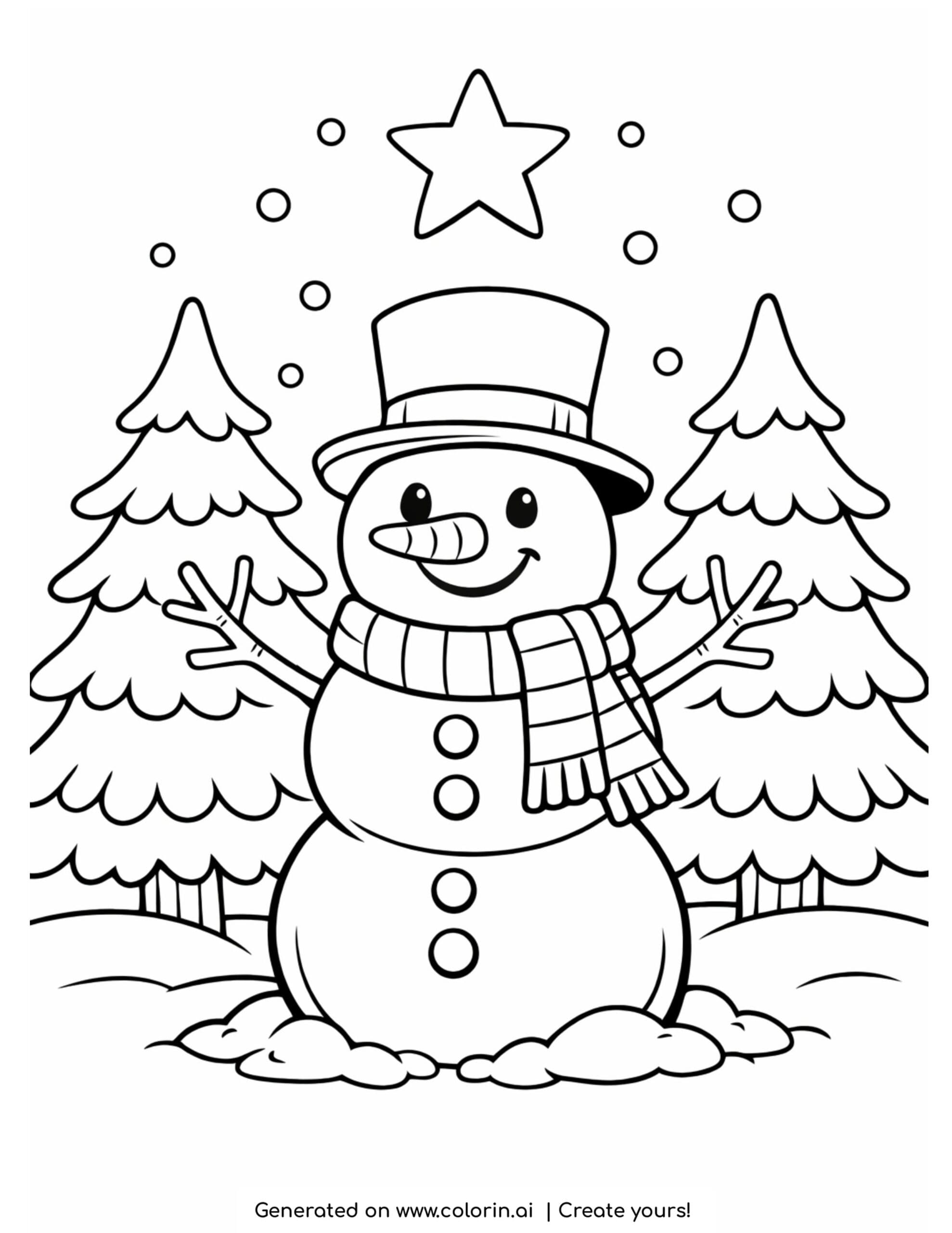 snowman coloring pages, a snowman in a tall top hat standing between two pine trees