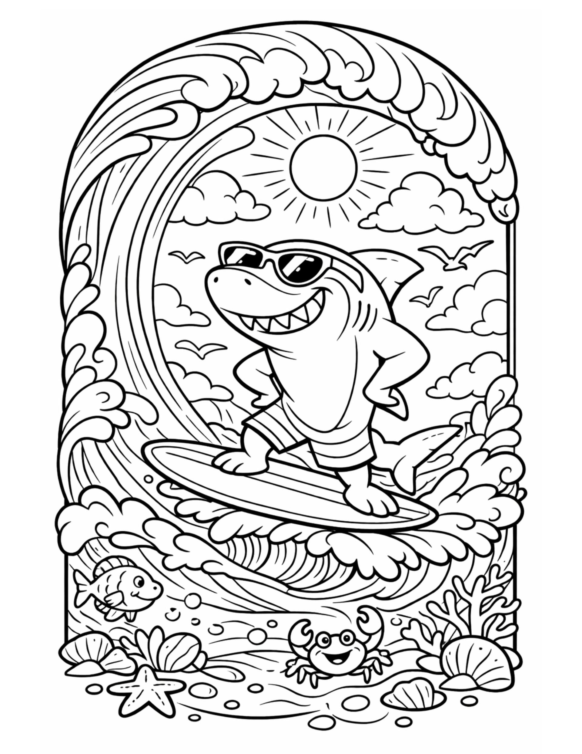 shark surfing a big wave coloring page with sunglasses on a surfboard, sunny sky and ocean scene coloring page