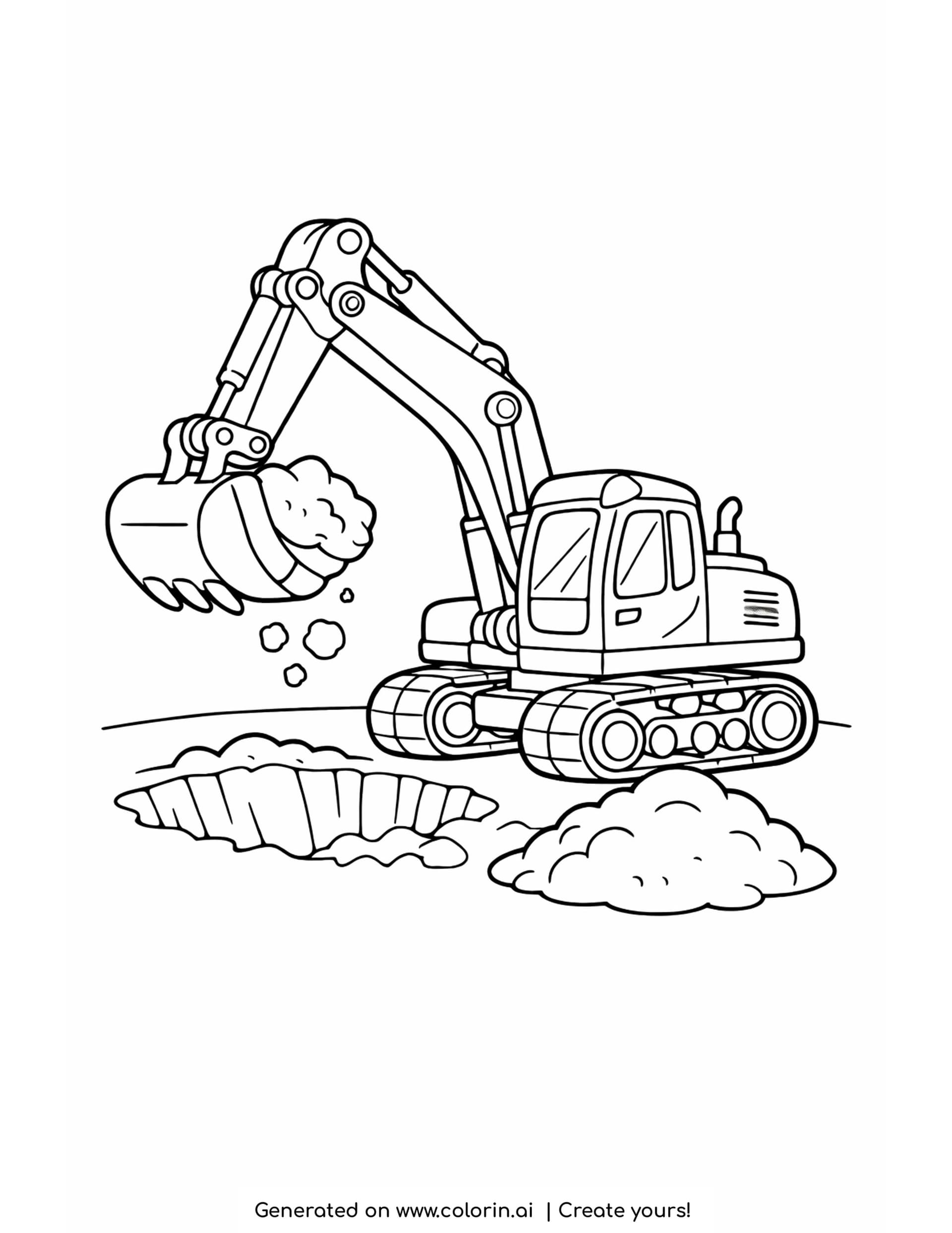 excavator digging coloring pages, an excavator on tracks with its arm raised over a deep hole and a mound of earth beside it