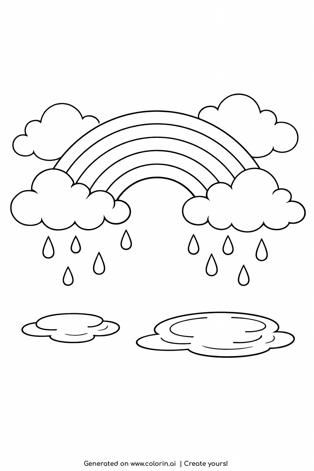 printable rainbow coloring pages, a bright rainbow breaking through parting rain clouds, with a few last raindrops and puddles below