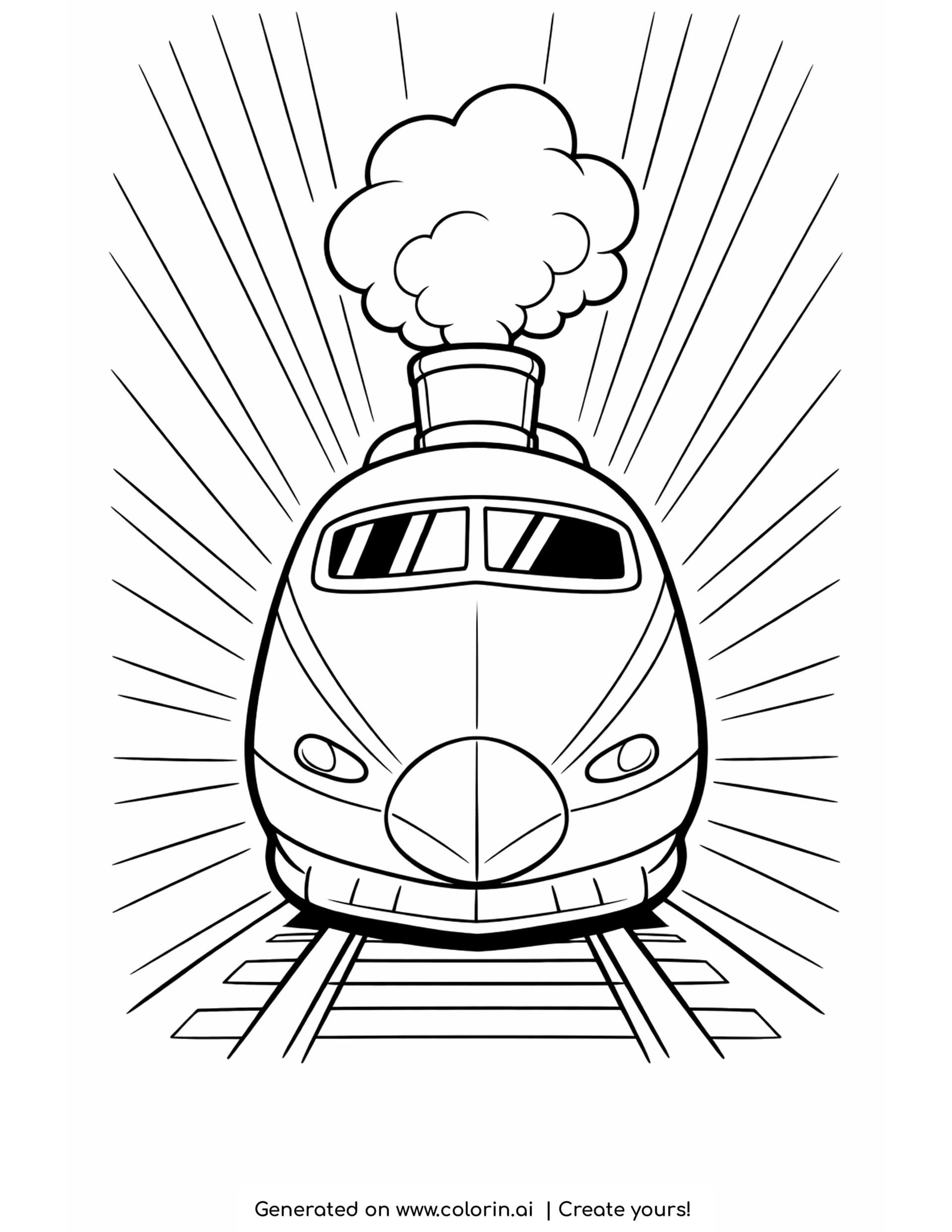 bullet train speed coloring pages: a pointed nose train head on inside a burst of radiating speed lines