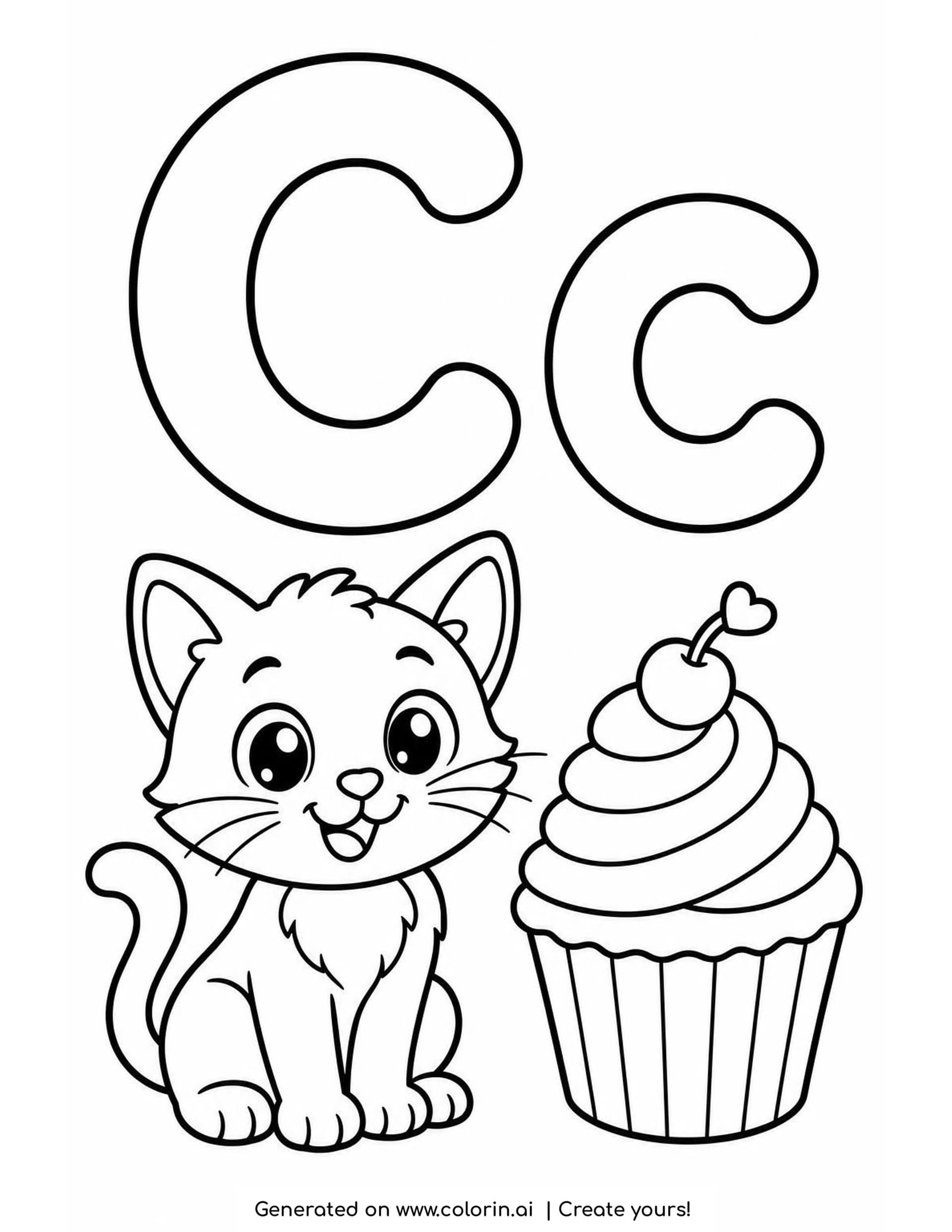 A letter C coloring page with a hollow capital C and lowercase c above a smiling kitten sitting next to a swirled cupcake with a cherry on top