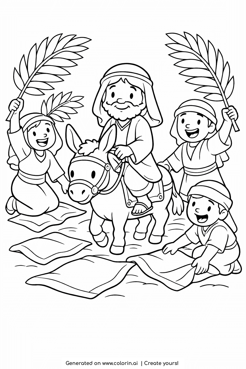 bible story coloring pages, Jesus riding a donkey as children wave palm branches and lay cloaks on the road