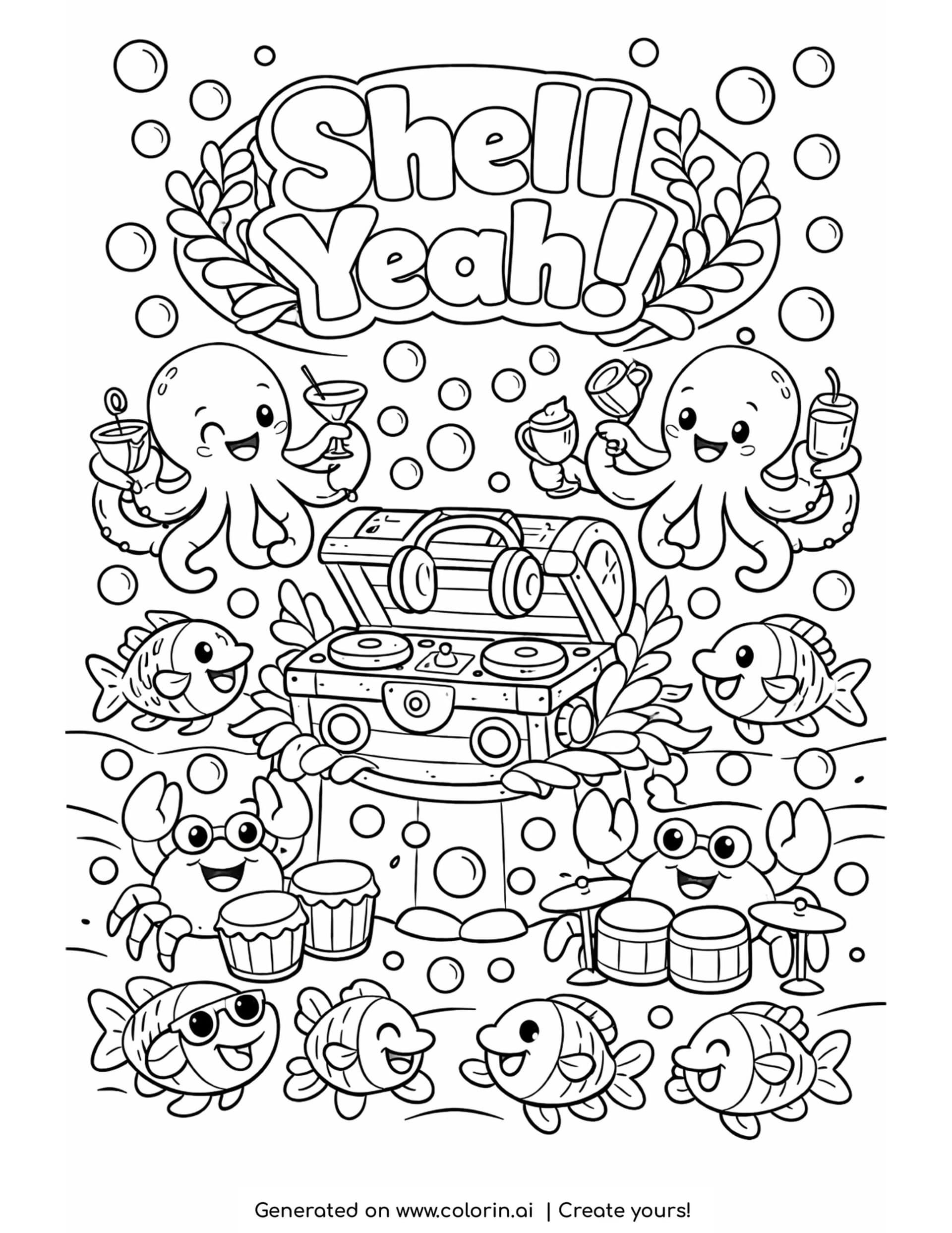sea creatures DJ booth coloring page with fish dancing underwater