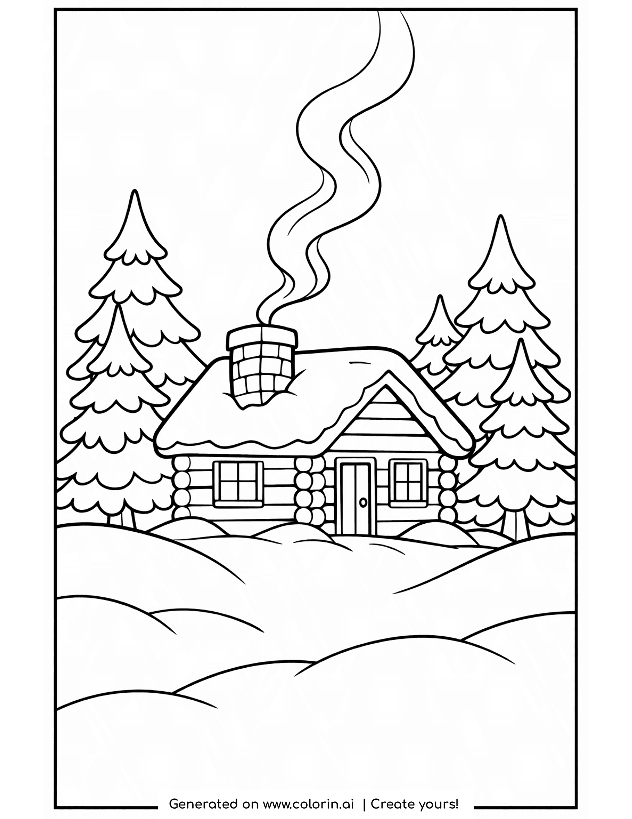 cabin coloring pages, a cozy log cabin with smoke from the chimney tucked among snowy pine trees